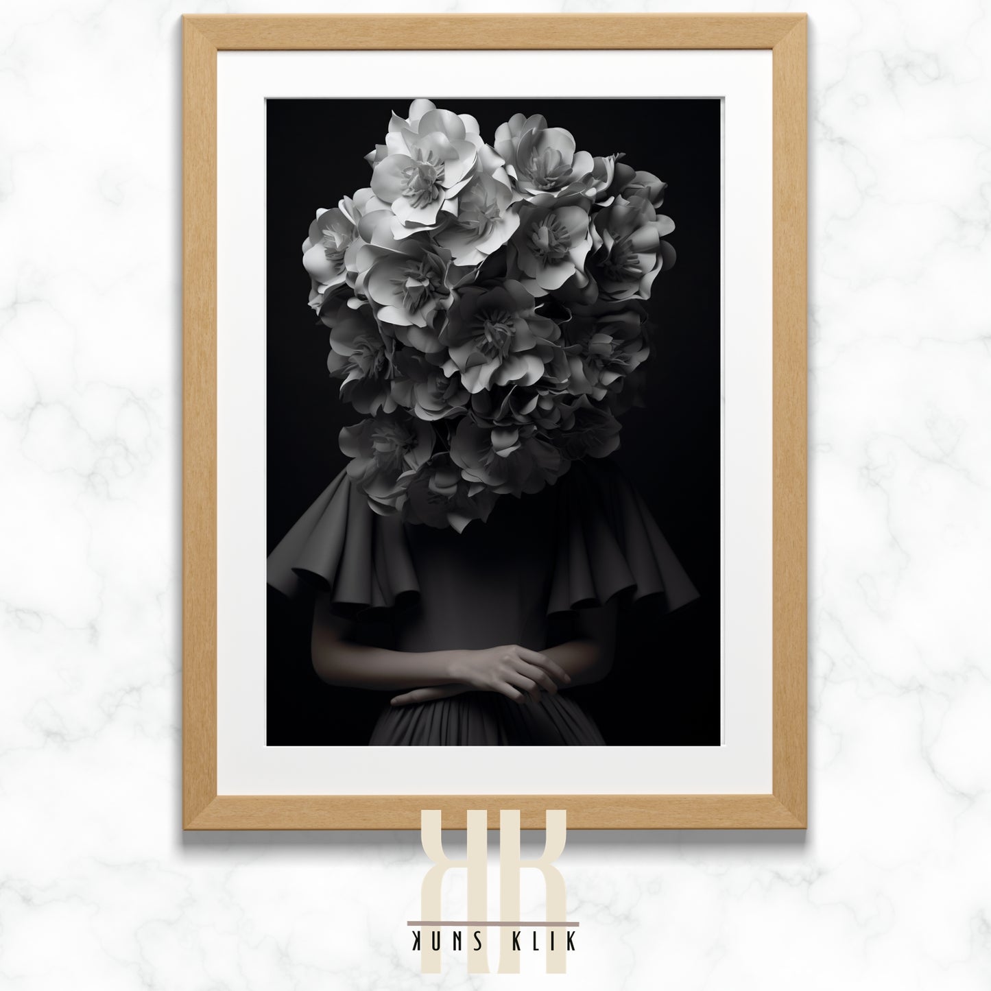 black and white photo of woman with a bouquet of flowers in front of her head