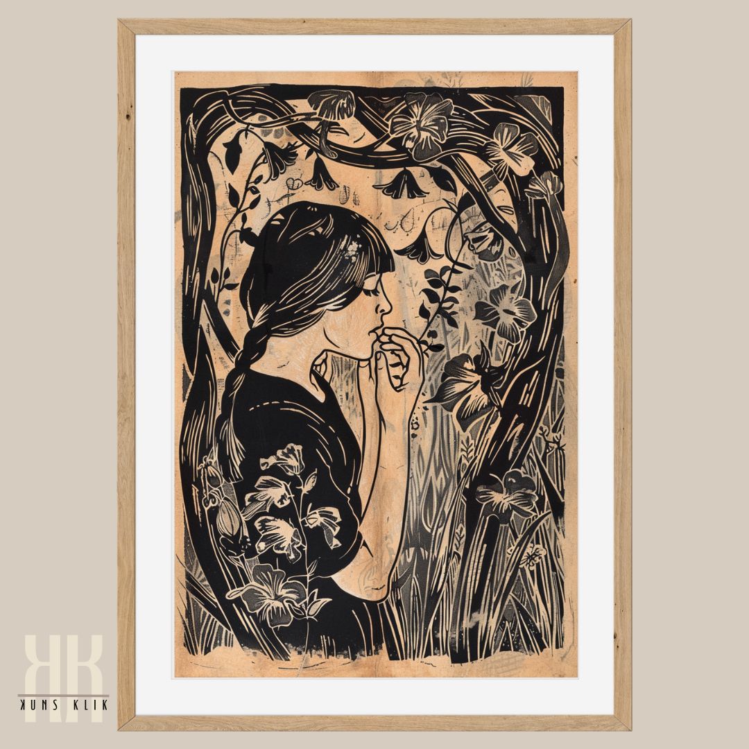 Woman in Vines and Flowers Vintage Black Ink Art