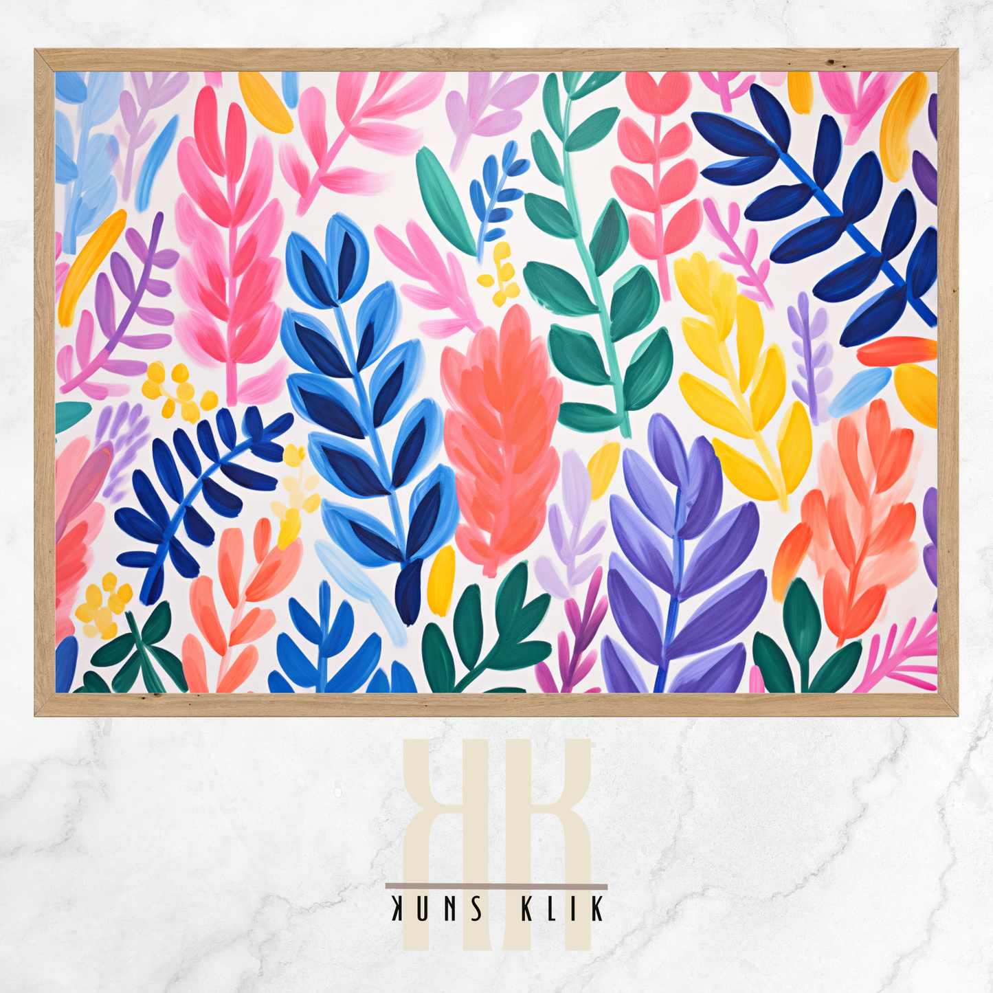 The artwork is a Matisse-style painting featuring a loose, abstract pattern of leaf shapes in a variety of pastel and vibrant hues against a white background. The brushstrokes are visible, giving a textured and dynamic feel to the composition. The color palette includes shades of blue, pink, orange, and yellow, creating a cheerful and lively atmosphere. The overall effect is reminiscent of a breezy, spring day.