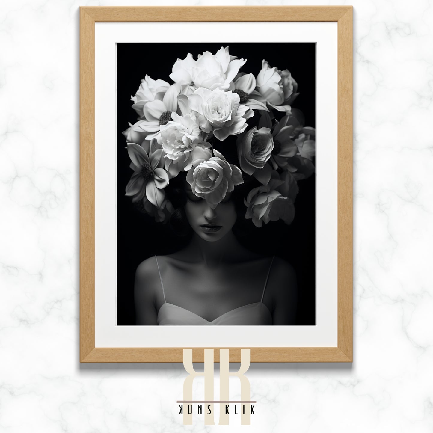 black and white photo of woman with a bouquet of flowers in front of her head