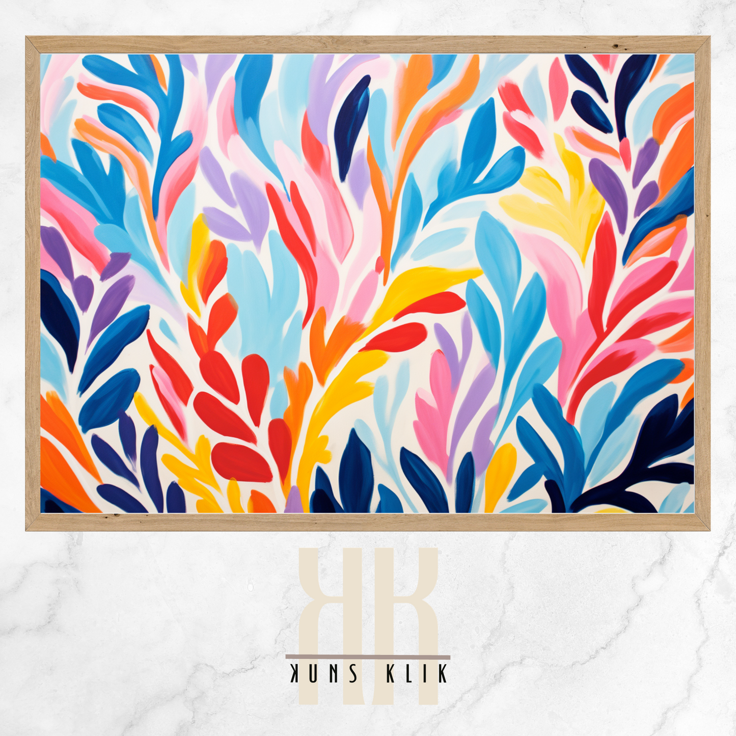 The artwork is a Matisse-style painting featuring a loose, abstract pattern of leaf shapes in a variety of pastel and vibrant hues against a white background. The brushstrokes are visible, giving a textured and dynamic feel to the composition. The color palette includes shades of blue, pink, orange, and yellow, creating a cheerful and lively atmosphere. The overall effect is reminiscent of a breezy, spring day.