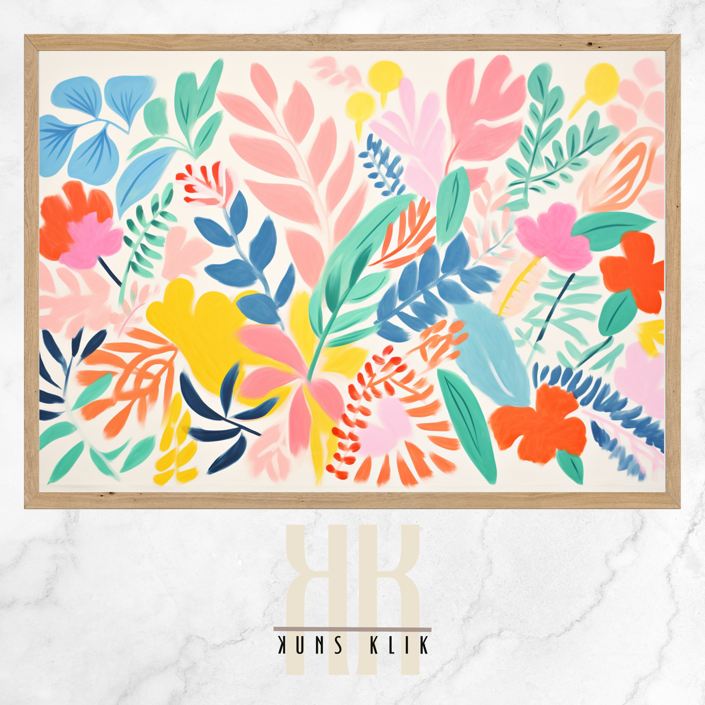 The artwork is a Matisse-style painting featuring a loose, abstract pattern of leaf shapes in a variety of pastel and vibrant hues against a white background. The brushstrokes are visible, giving a textured and dynamic feel to the composition. The color palette includes shades of blue, pink, orange, and yellow, creating a cheerful and lively atmosphere. The overall effect is reminiscent of a breezy, spring day.