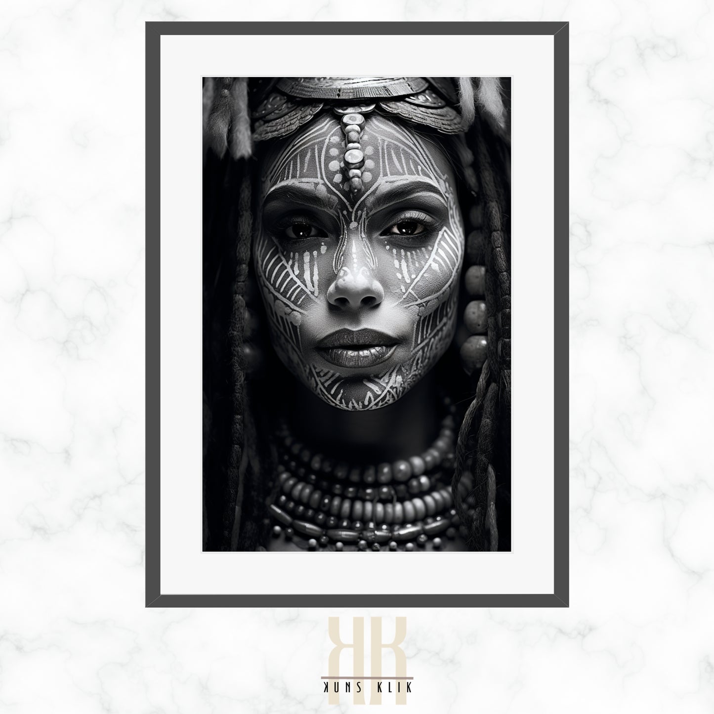 A monochrome portrait of an individual with traditional facial markings and adorned with tribal jewelry, including a headdress, earrings, and necklaces. The person is gazing directly at the camera with a neutral expression.