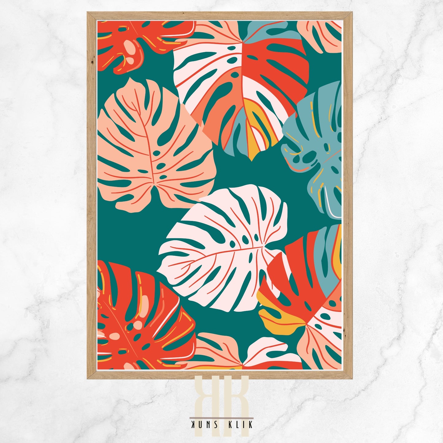This image is a graphic art print featuring a pattern of tropical monstera leaves in various shades of pink, red, and green against a dark teal background. The leaves are stylized with added lines and dots for detail.