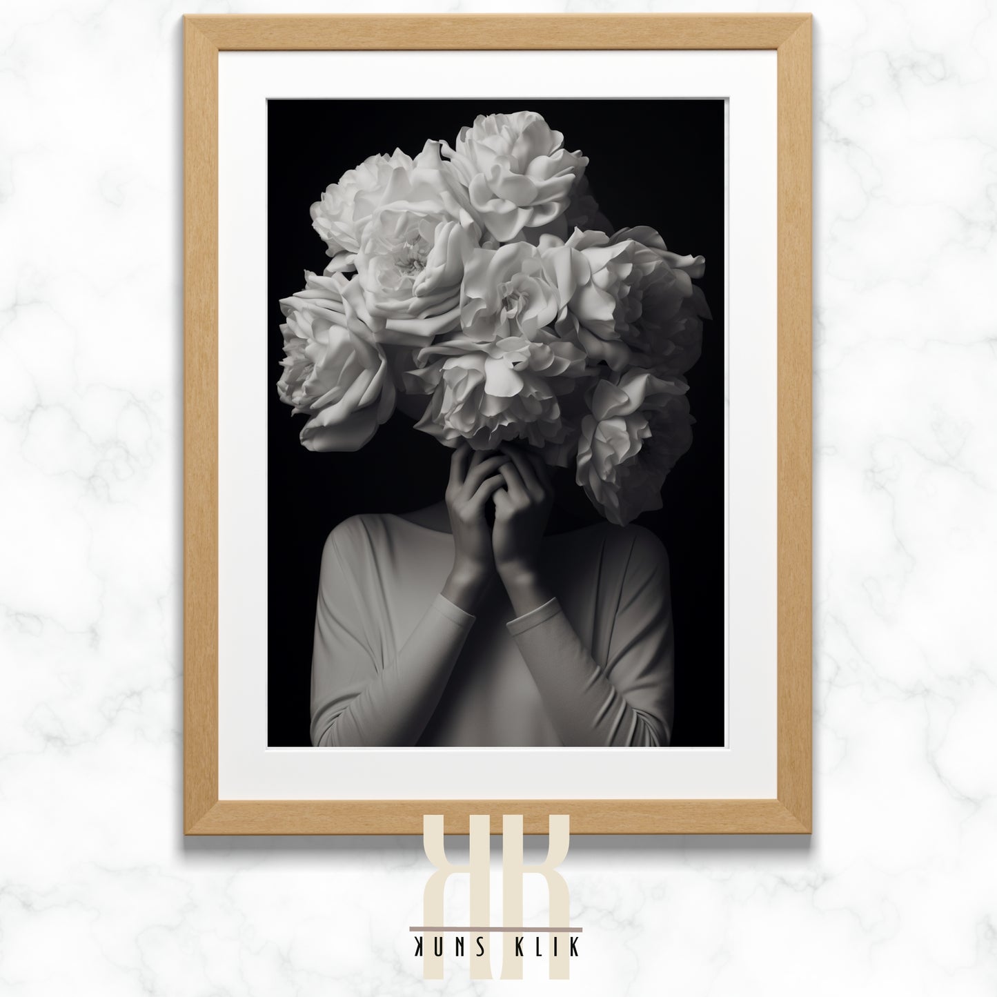 black and white photo of woman with a bouquet of flowers in front of her head