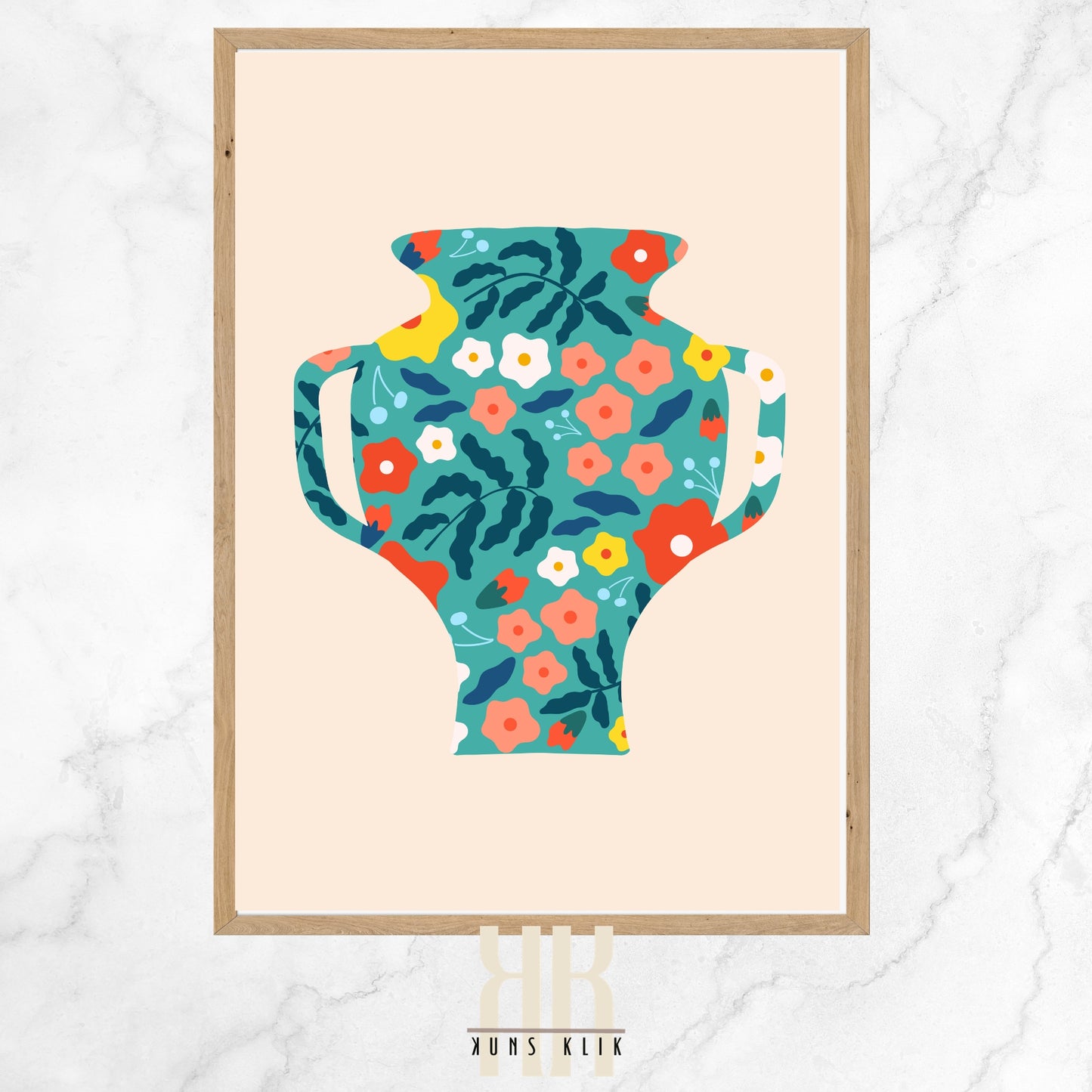 The image is a graphic illustration of an amphora-shaped vase with a floral pattern. The vase is outlined against a soft beige background and is filled with a vibrant and colorful design of flowers and leaves in shades of red, orange, yellow, white, and various tones of green and blue. The floral design is stylized and decorative, creating a playful and modern take on classical pottery design.