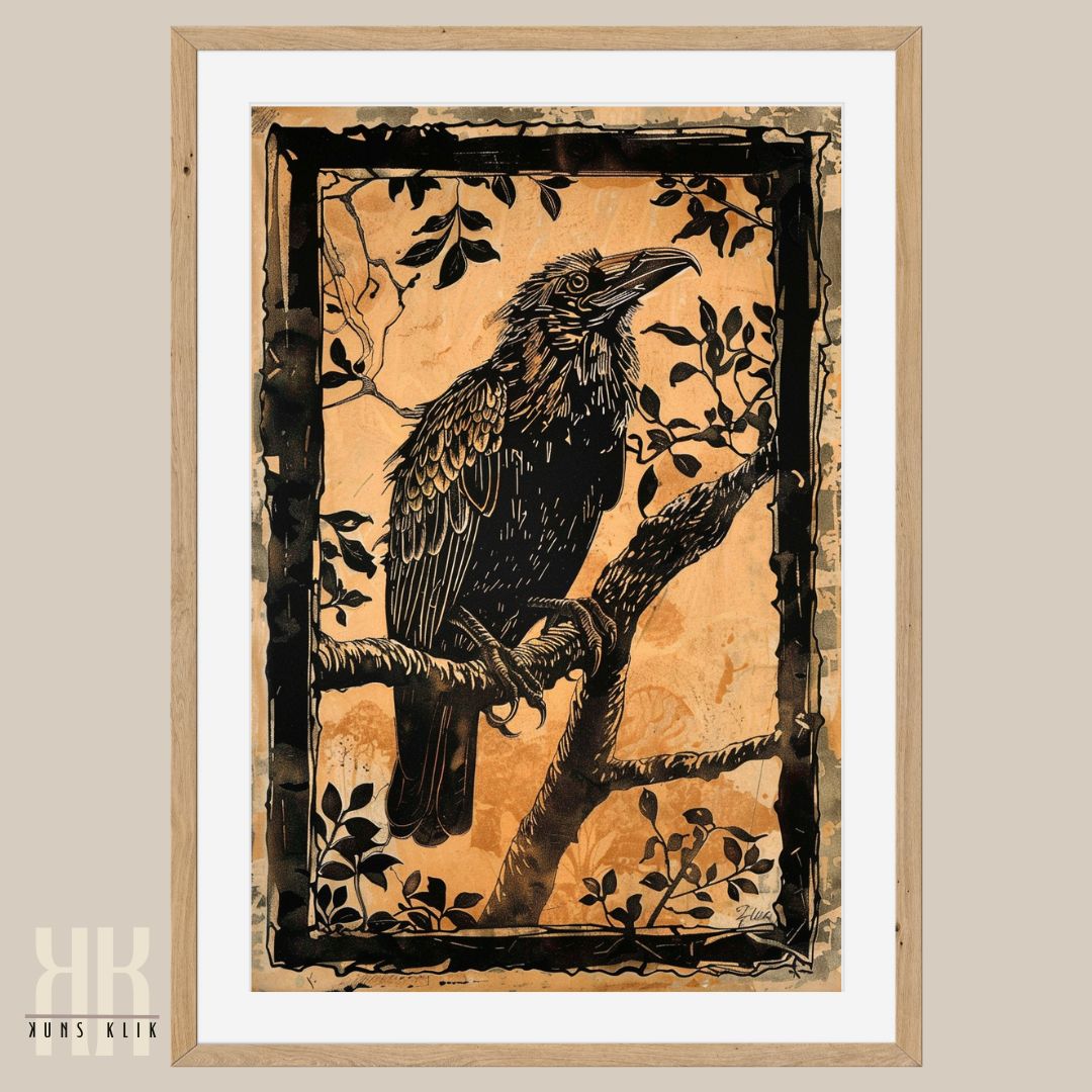 Bold Raven on Branch in Antique Woodcut Style