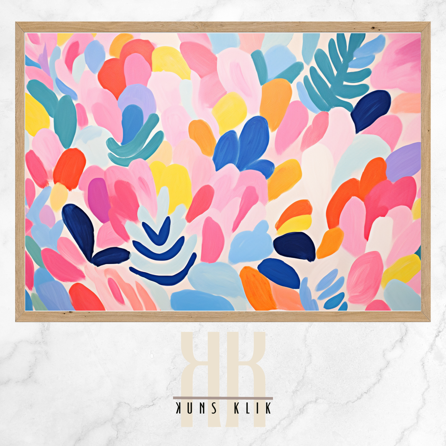 The artwork is a Matisse-style painting featuring a loose, abstract pattern of leaf shapes in a variety of pastel and vibrant hues against a white background. The brushstrokes are visible, giving a textured and dynamic feel to the composition. The color palette includes shades of blue, pink, orange, and yellow, creating a cheerful and lively atmosphere. The overall effect is reminiscent of a breezy, spring day.