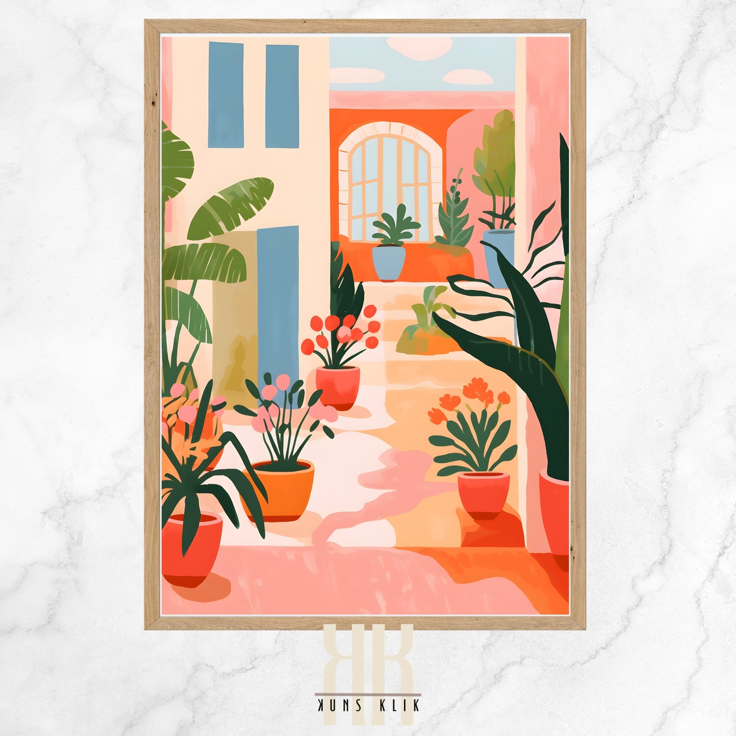 This is a stylized illustration of a sunny, plant-filled courtyard. The scene is framed by pastel-colored buildings, with a prominent arched window revealing a blue sky with fluffy clouds. Various potted plants, exhibiting an array of shapes and colors, adorn the terrace. The plants are diverse, including broad-leafed greenery and brightly-colored flowers in red and pink pots, contributing to a lush, vibrant ambiance.