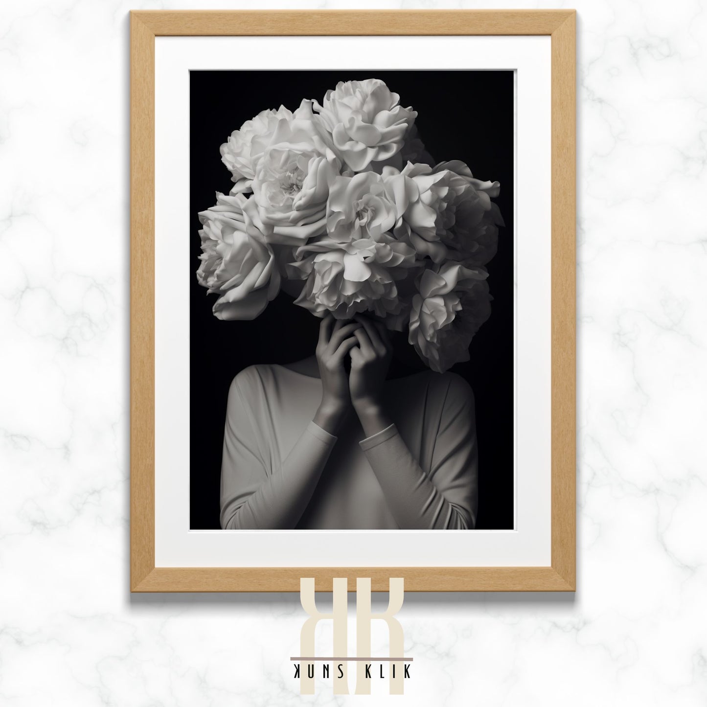 black and white photo of woman with a bouquet of flowers in front of her head