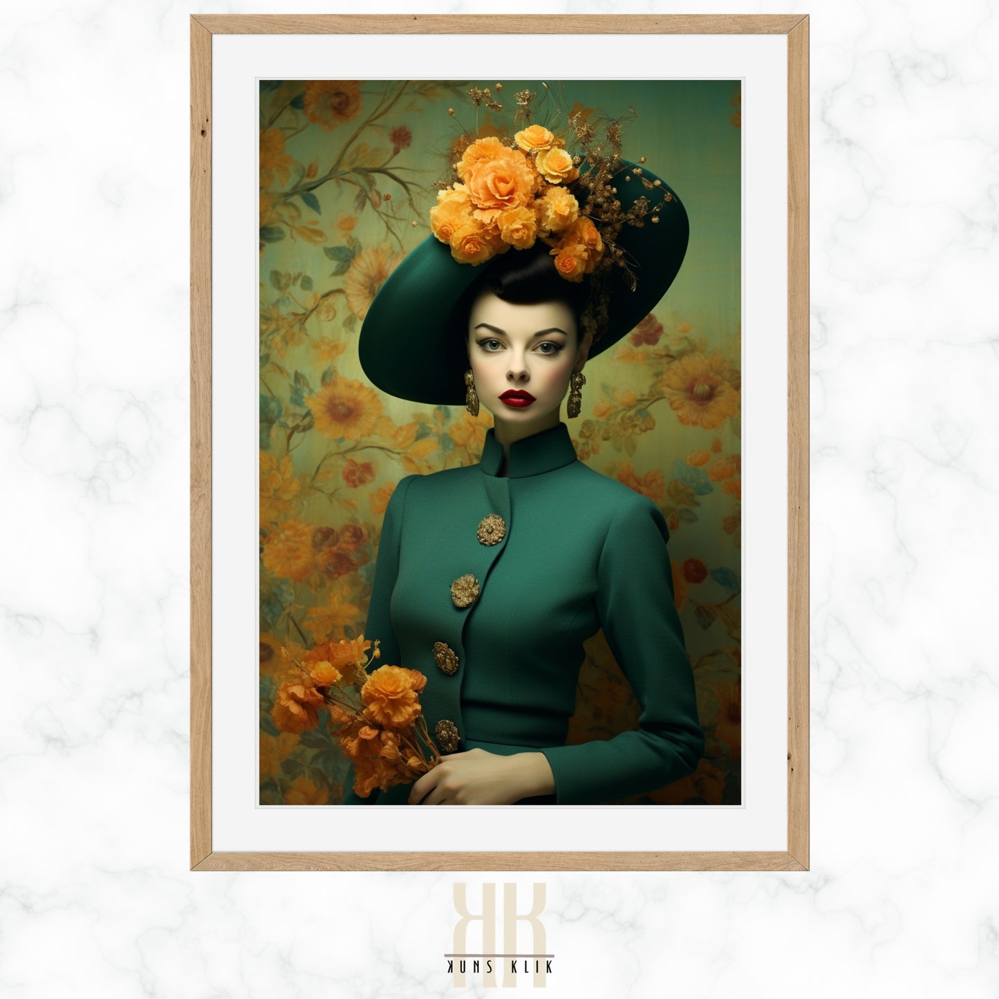 vintage fashion photography woman in green dress and hat with subdued floral background