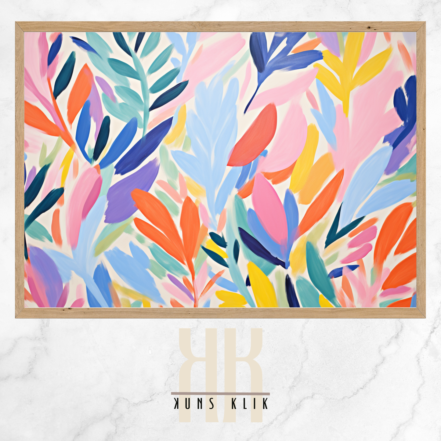 The artwork is a Matisse-style painting featuring a loose, abstract pattern of leaf shapes in a variety of pastel and vibrant hues against a white background. The brushstrokes are visible, giving a textured and dynamic feel to the composition. The color palette includes shades of blue, pink, orange, and yellow, creating a cheerful and lively atmosphere. The overall effect is reminiscent of a breezy, spring day.