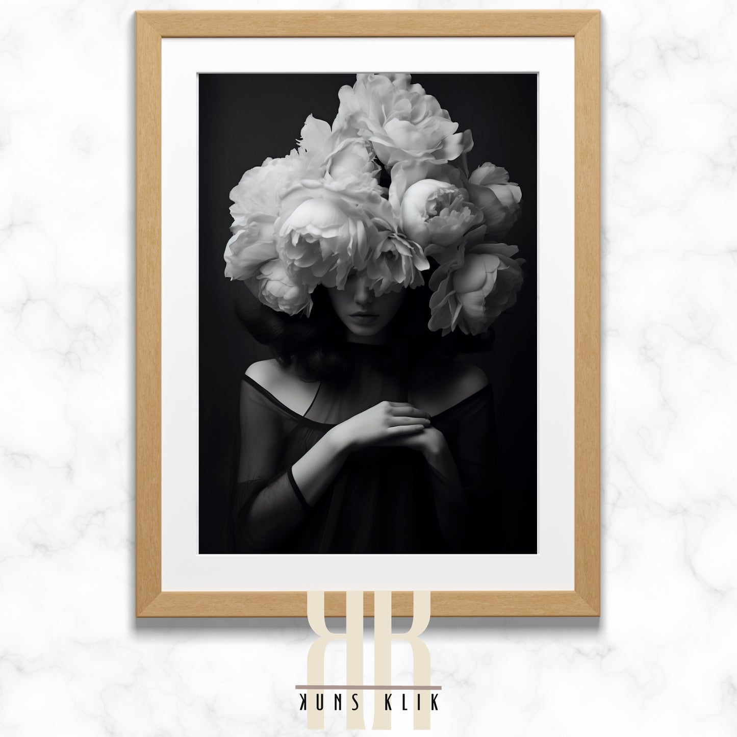 black and white photo of woman with a bouquet of flowers in front of her head