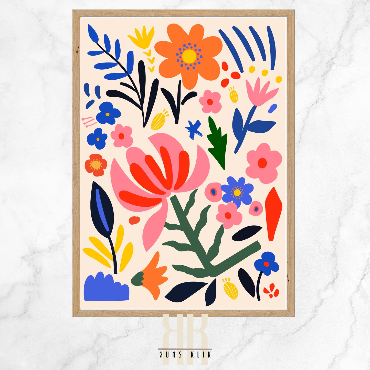 The image is a vibrant and playful illustration featuring an assortment of stylized flowers and foliage. The background is a light beige color, and the florals are depicted in a variety of shapes and sizes with a dominant large pink bloom at the center. The colors are bold and include orange, red, pink, blue, and yellow, with touches of black for contrast. The flowers and leaves are arranged in a loose, abstract pattern, giving the artwork a cheerful, whimsical feel with a modern graphic design aesthetic.