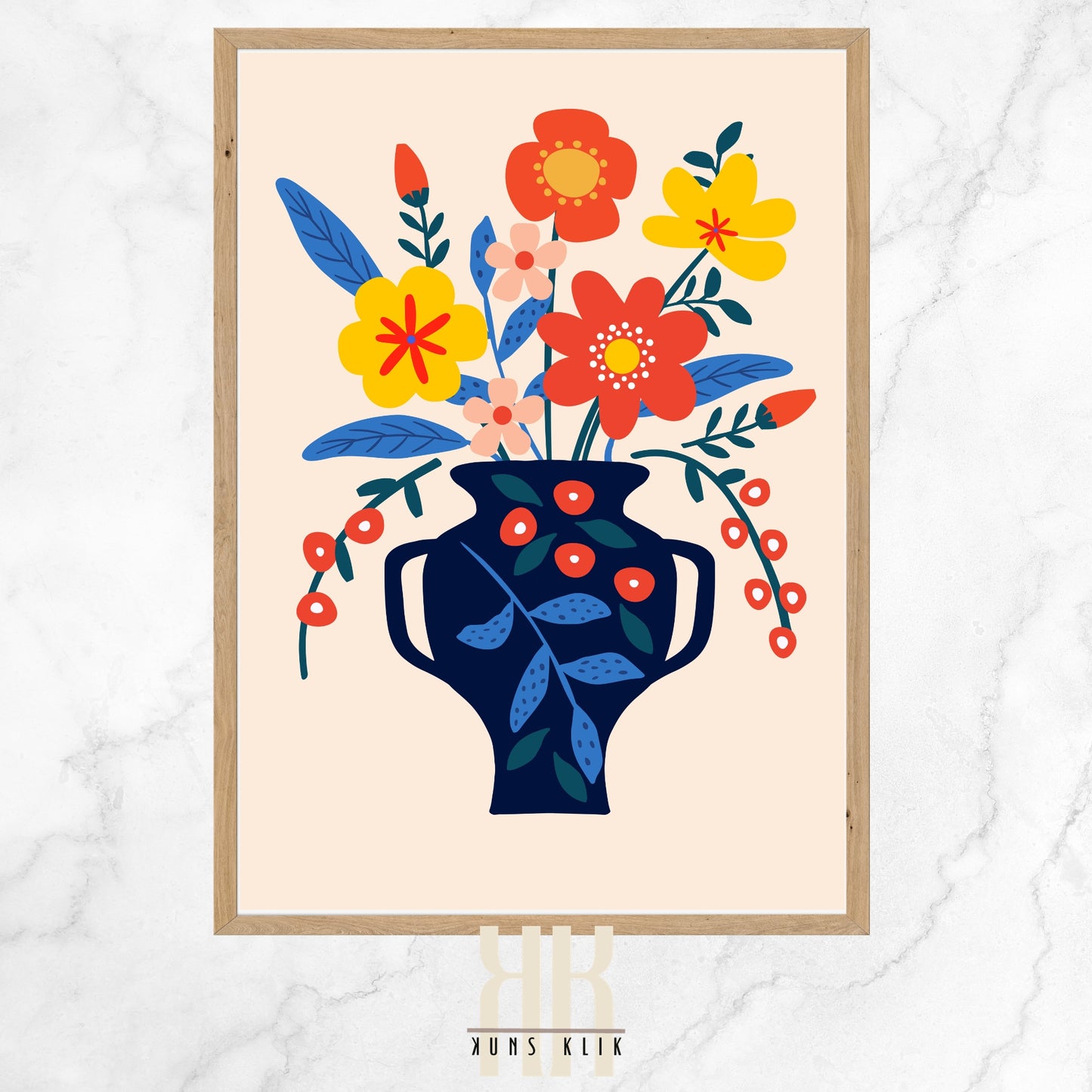 This artwork features a bold, graphic illustration of a vibrant bouquet of flowers in a classic amphora-shaped vase. The flowers, stylized with simple shapes and bright, flat colors, include red, yellow, and blue blooms with green and blue foliage. Accent details such as small red berries and decorative leaves add to the composition's charm.