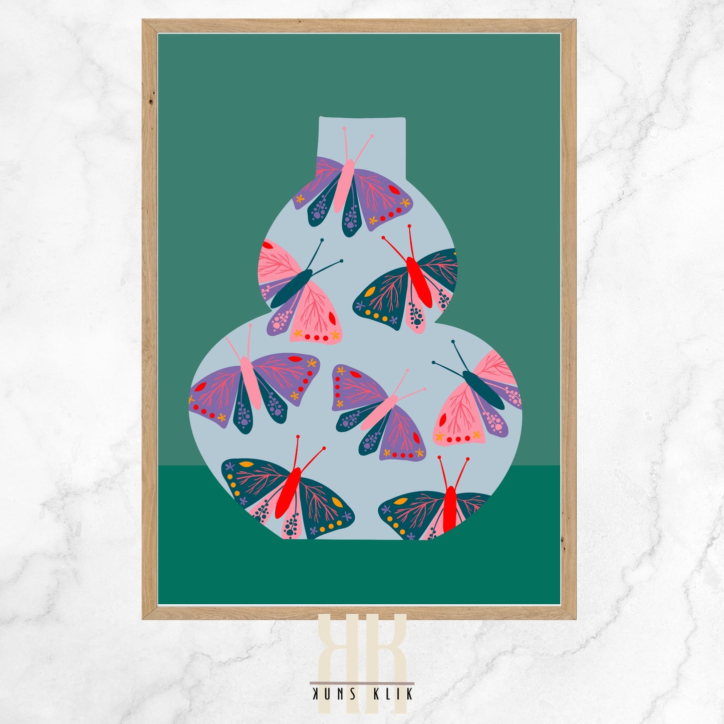 The image is a graphic illustration of a vase-shaped composition filled with various stylized butterflies. The background is a deep teal color, and the vase form is outlined in a pale grey, creating a silhouette filled with butterflies. These butterflies feature a range of colors including shades of pink, purple, blue, and red, with decorative patterns of dots, lines, and small floral motifs on their wings. The artwork has a modern, playful feel with a flat, minimalist design.