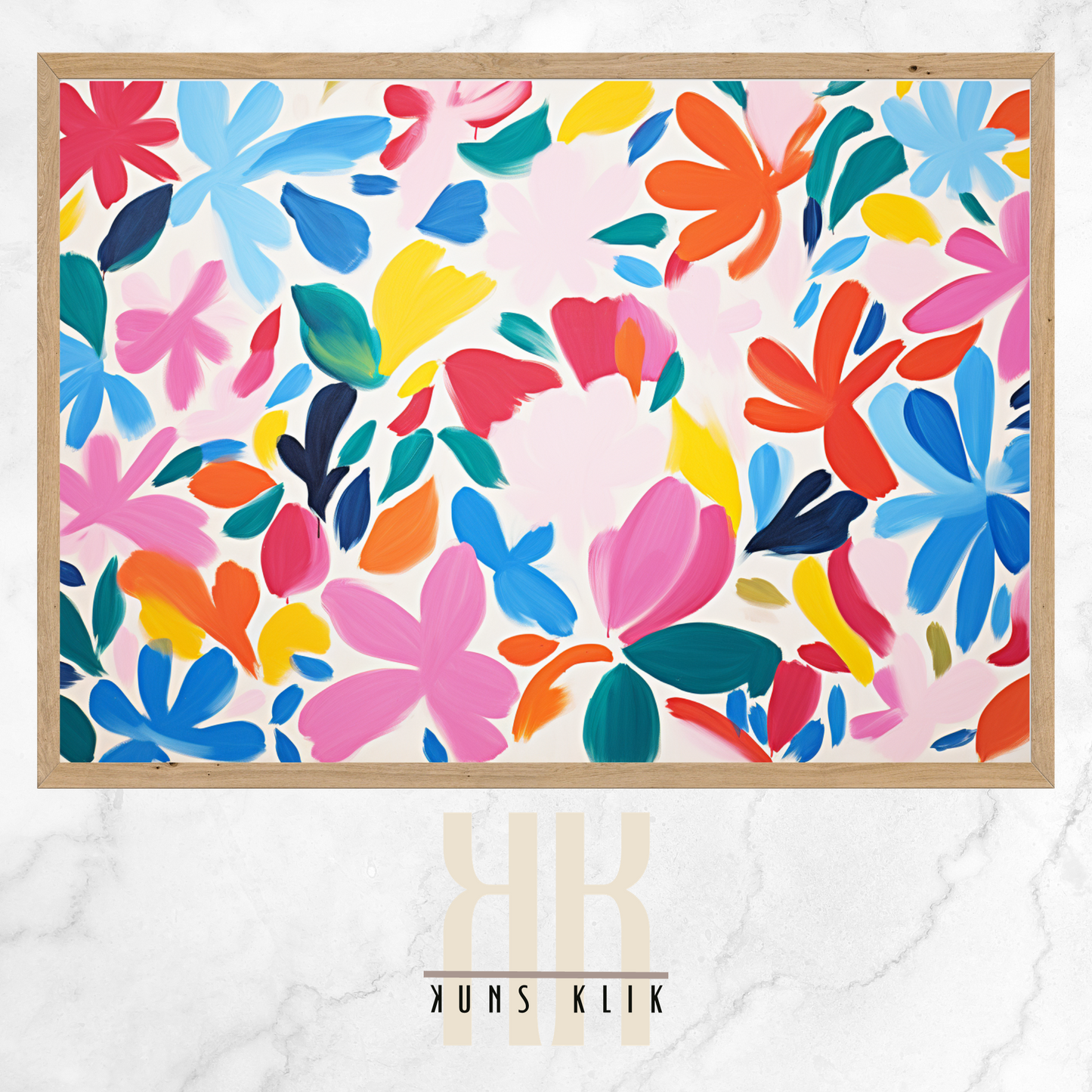 The artwork is a Matisse-style painting featuring a loose, abstract pattern of leaf shapes in a variety of pastel and vibrant hues against a white background. The brushstrokes are visible, giving a textured and dynamic feel to the composition. The color palette includes shades of blue, pink, orange, and yellow, creating a cheerful and lively atmosphere. The overall effect is reminiscent of a breezy, spring day.