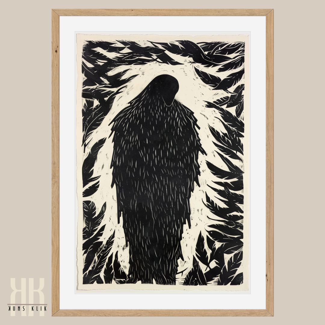 Silhouette of Crow with Feather Border Black Ink Etching