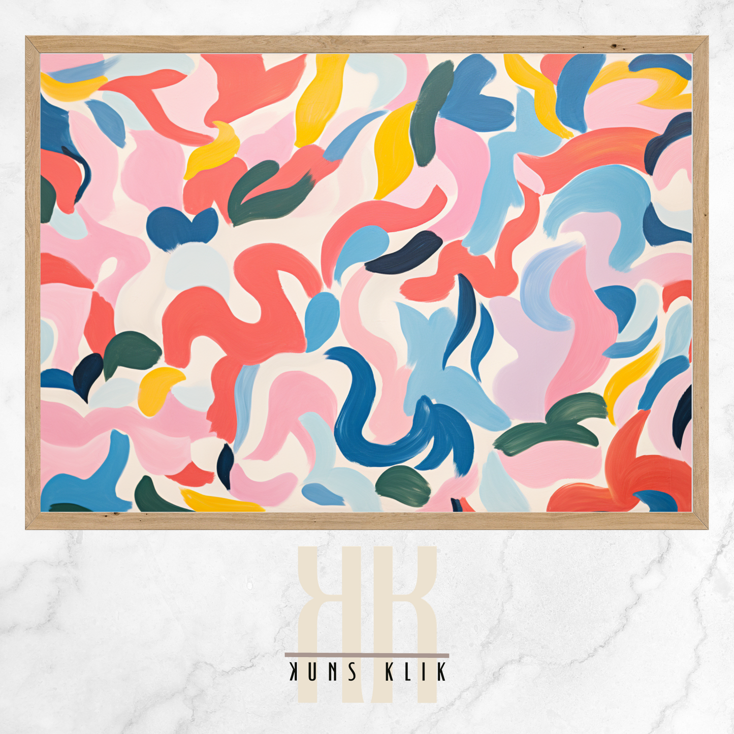 The artwork is a Matisse-style painting featuring a loose, abstract pattern of leaf shapes in a variety of pastel and vibrant hues against a white background. The brushstrokes are visible, giving a textured and dynamic feel to the composition. The color palette includes shades of blue, pink, orange, and yellow, creating a cheerful and lively atmosphere. The overall effect is reminiscent of a breezy, spring day.