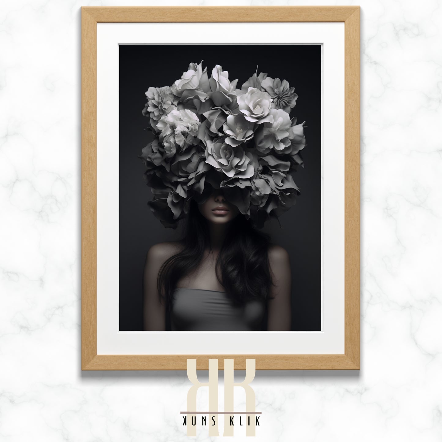 black and white photo of woman with a bouquet of flowers in front of her head