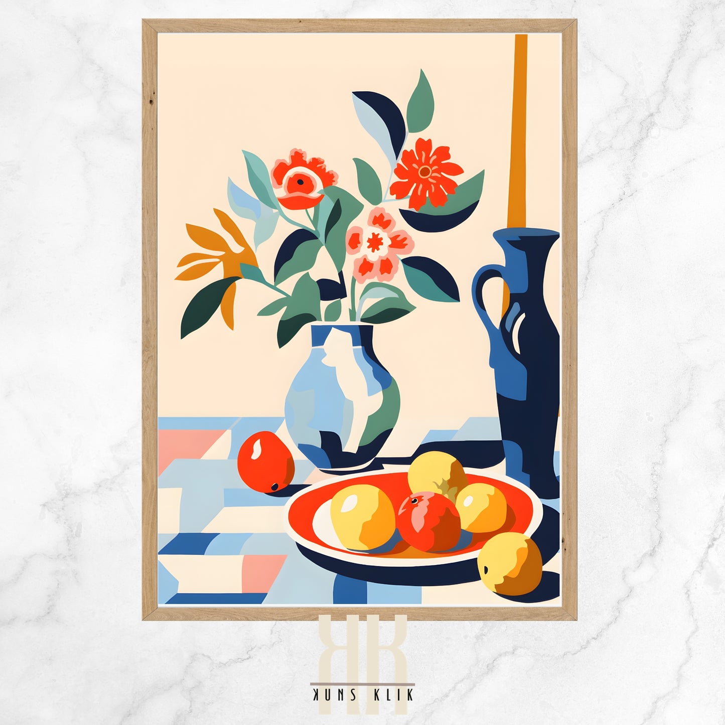 The image is a stylized still-life composition featuring a vase with blooming flowers and lush foliage on a light background. A bowl of citrus fruits sits in the foreground on a patterned tablecloth, with a hint of a dark blue jug on the right. The artwork uses a vivid color palette with red, yellow, blue, and touches of green, creating a warm, Mediterranean feel. The scene is rendered in flat, geometric shapes giving it a modern, graphic look.
