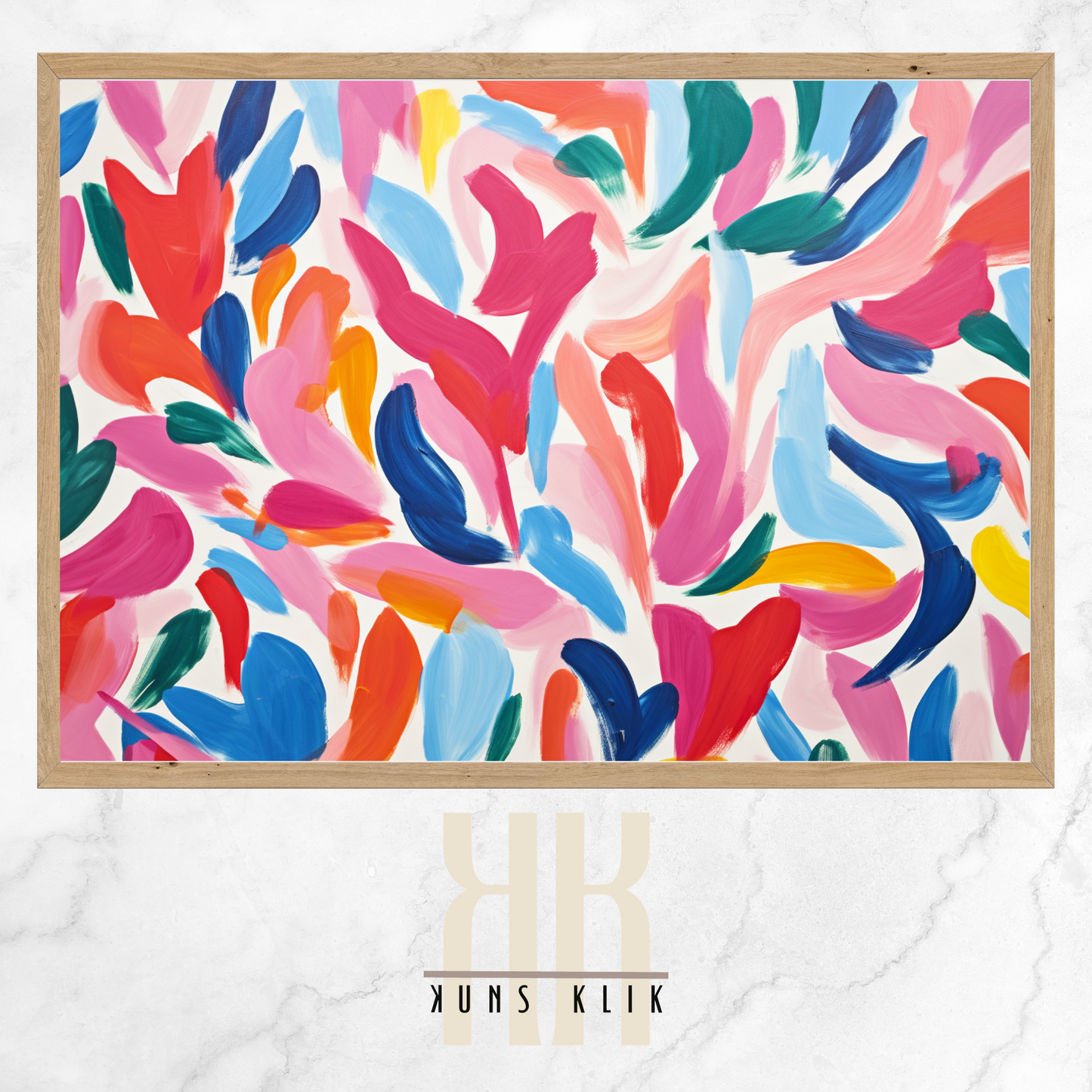 The artwork is a Matisse-style painting featuring a loose, abstract pattern of leaf shapes in a variety of pastel and vibrant hues against a white background. The brushstrokes are visible, giving a textured and dynamic feel to the composition. The color palette includes shades of blue, pink, orange, and yellow, creating a cheerful and lively atmosphere. The overall effect is reminiscent of a breezy, spring day.