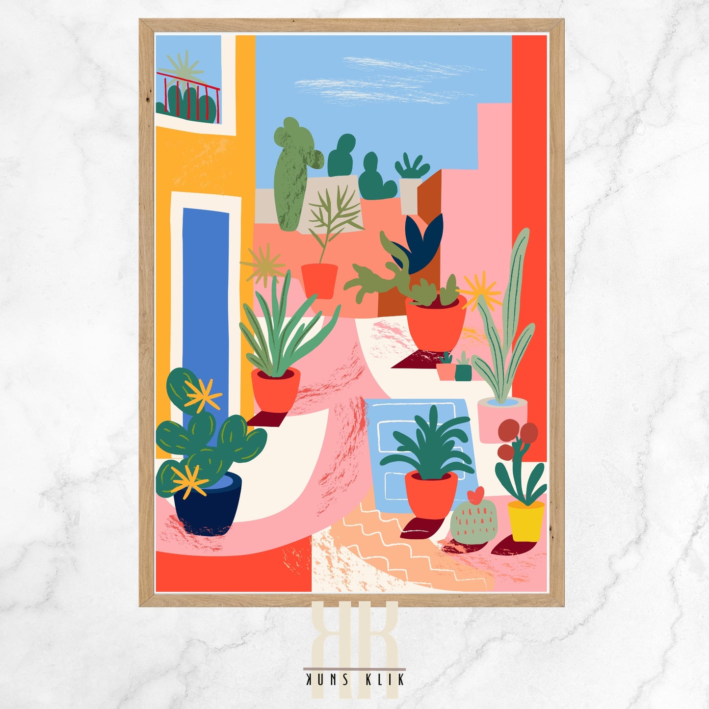 This image is a playful illustration of a Mediterranean-style balcony scene with various potted plants. The plants, which include cacti and succulents, are rendered in a mix of vibrant and pastel colors, set against a backdrop of geometric shapes and warm tones that suggest architectural elements and a sunny sky. The style is abstract and whimsical, with a collage-like arrangement that creates a charming and inviting