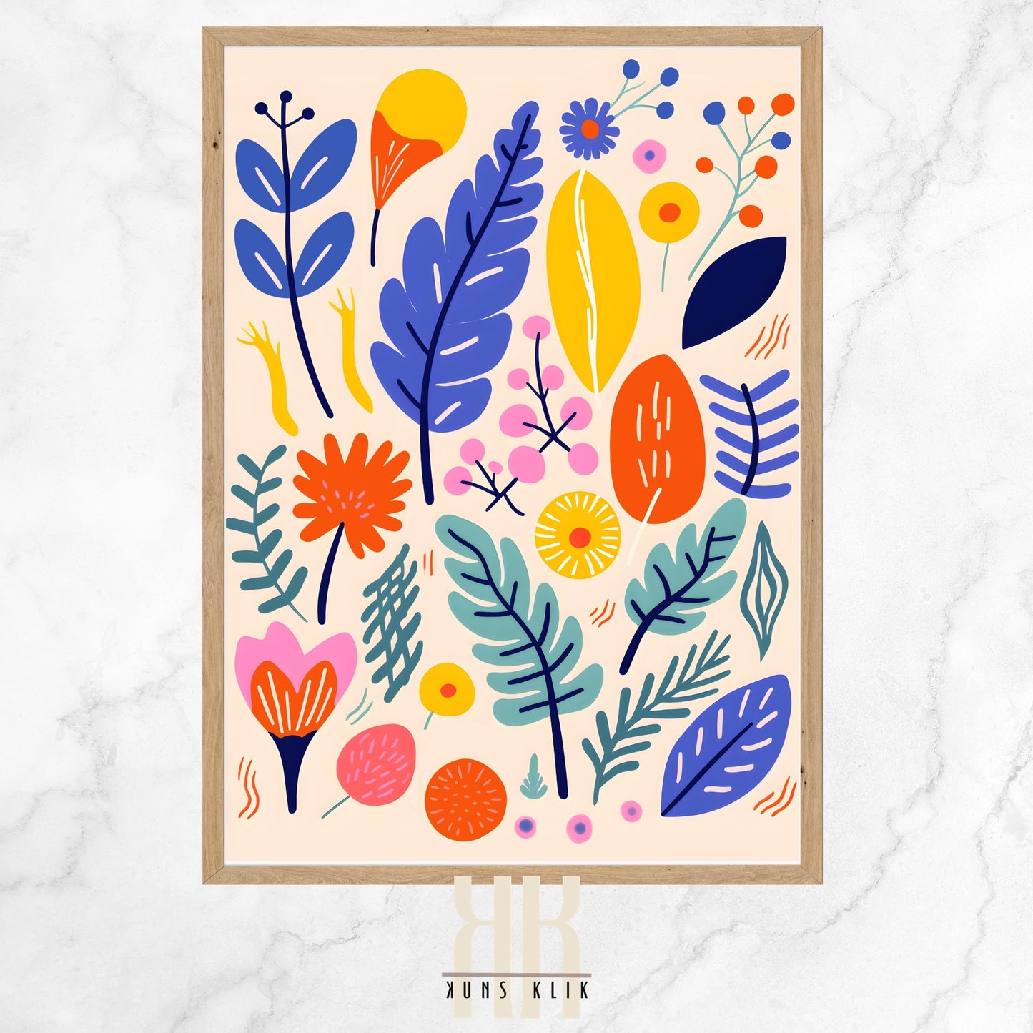 The image is a lively and colorful abstract illustration of various plants and flowers. It features an assortment of botanical shapes and foliage in a playful composition. The color palette includes bright blues, yellows, oranges, reds, and greens, with touches of pink and purple, set against a light cream background. The flora is stylized with simple, bold forms, creating a cheerful and whimsical effect. This artwork exudes a sense of joy and would add a vibrant touch to any space.