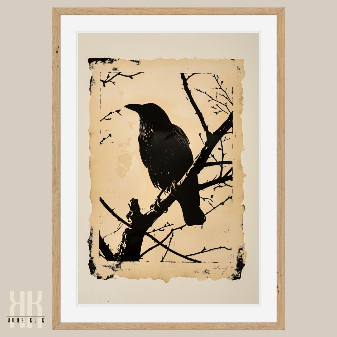 Majestic Crow Illustration in Classic Woodcut Style