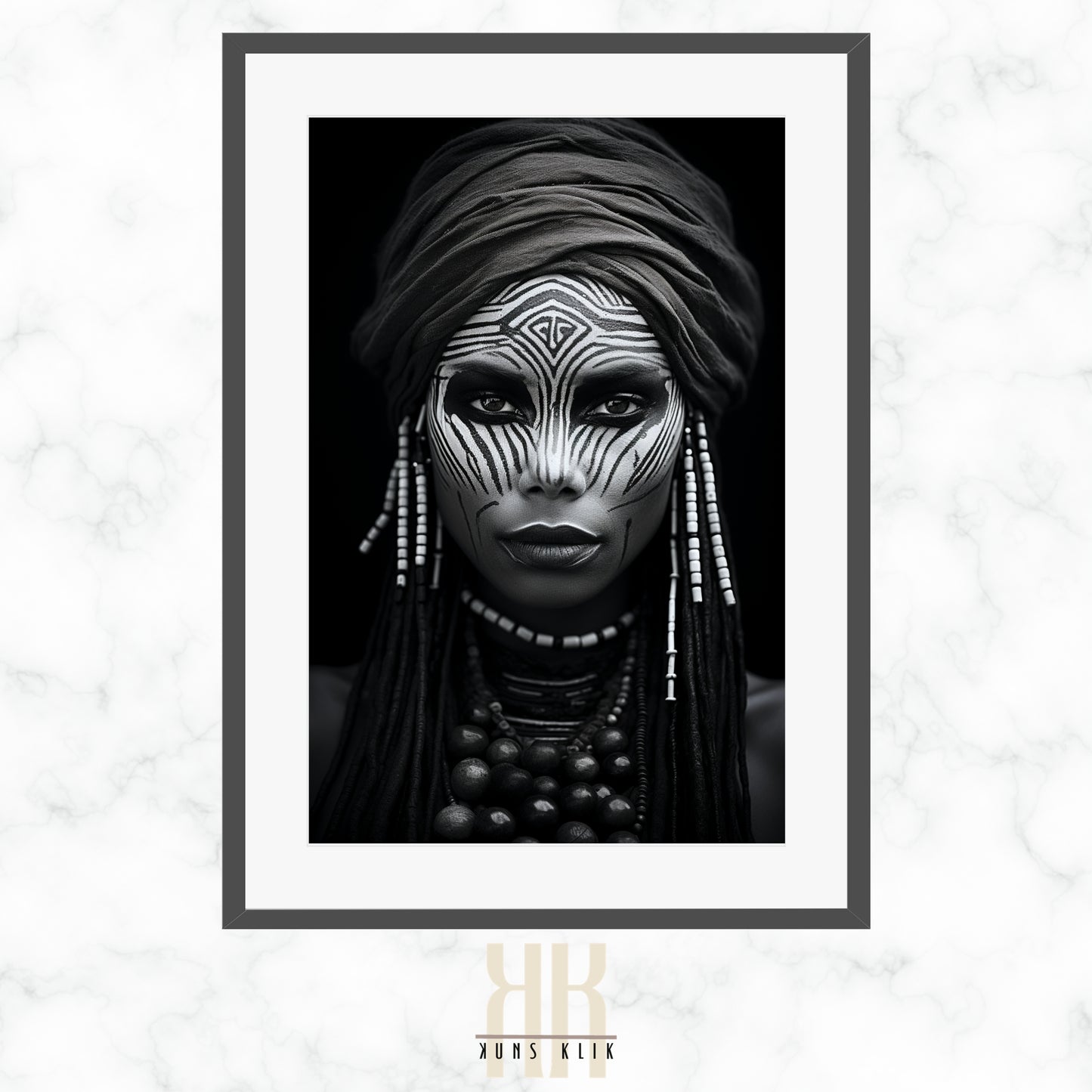 A monochrome portrait of an individual with traditional facial markings and adorned with tribal jewelry, including a headdress, earrings, and necklaces. The person is gazing directly at the camera with a neutral expression.