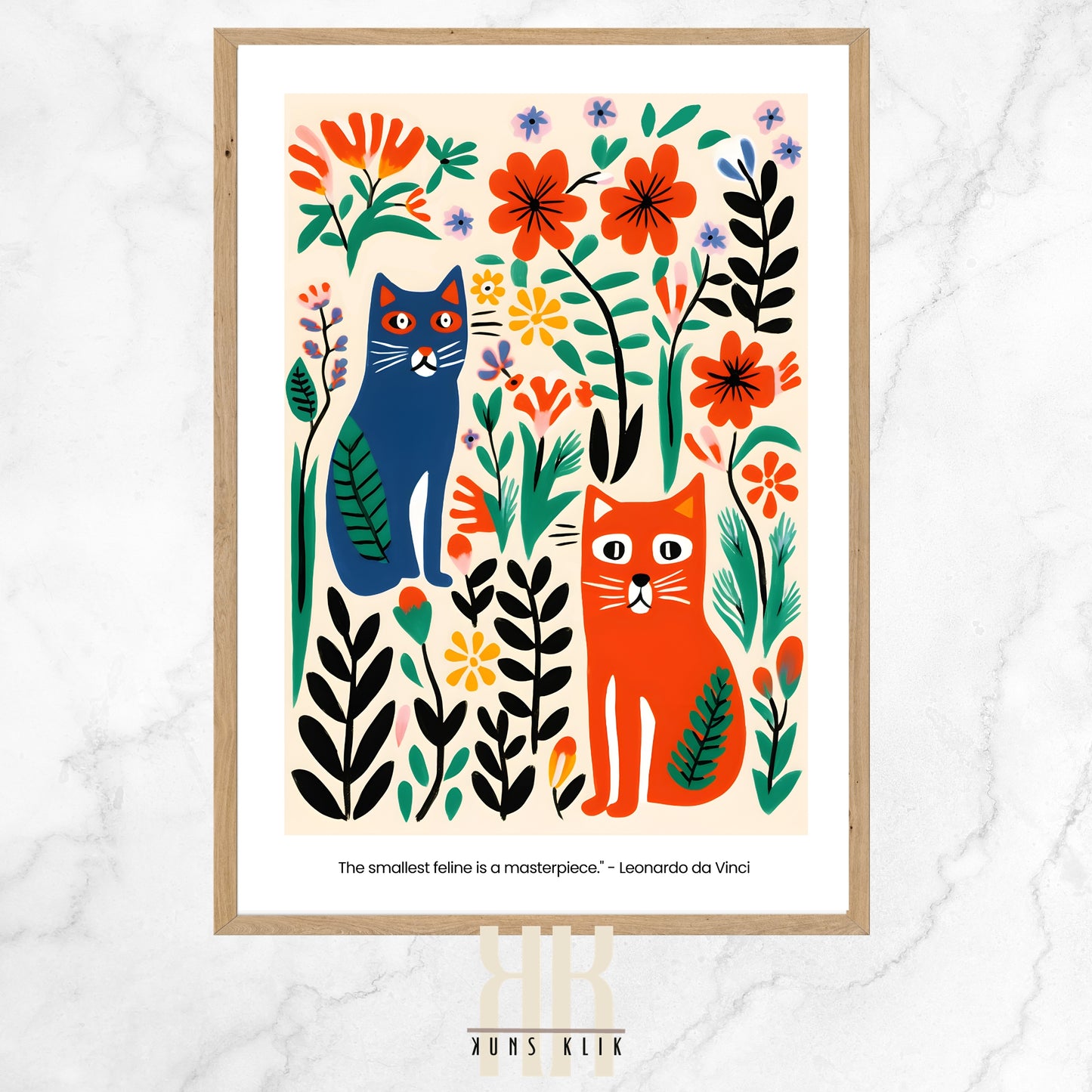The image is a vibrant and whimsical art piece featuring two stylized cats among a floral backdrop. On the left, a blue cat with a green leaf pattern on its body and striking red eyes sits upright, gazing forward. To the right, an orange cat with a white muzzle, chest, and paws stands attentively, its eyes wide and a playful expression on its face. Surrounding the cats are various flowers and plants in bright shades of red, yellow, green, and purple, all set against a soft beige background.