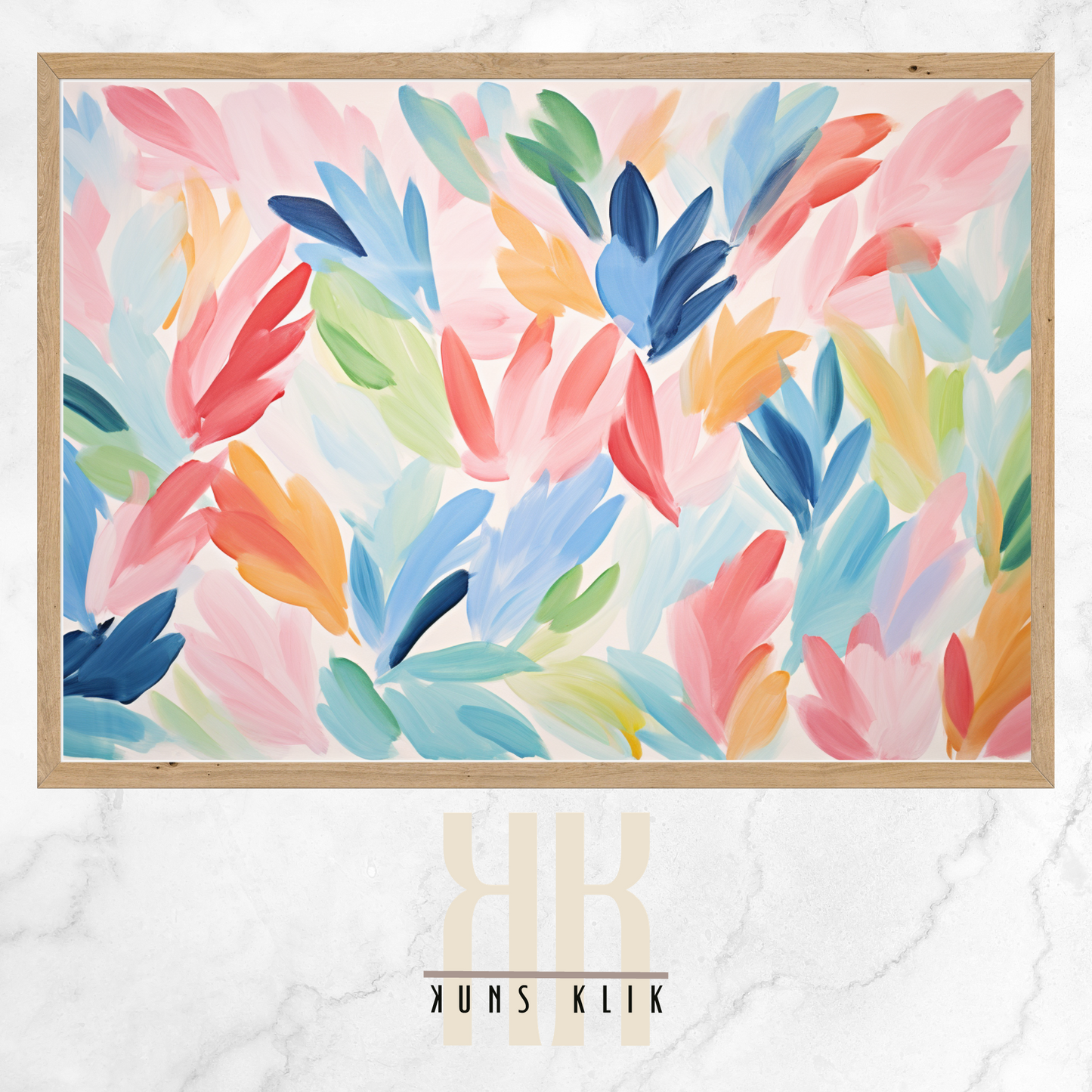 The artwork is a Matisse-style painting featuring a loose, abstract pattern of leaf shapes in a variety of pastel and vibrant hues against a white background. The brushstrokes are visible, giving a textured and dynamic feel to the composition. The color palette includes shades of blue, pink, orange, and yellow, creating a cheerful and lively atmosphere. The overall effect is reminiscent of a breezy, spring day.