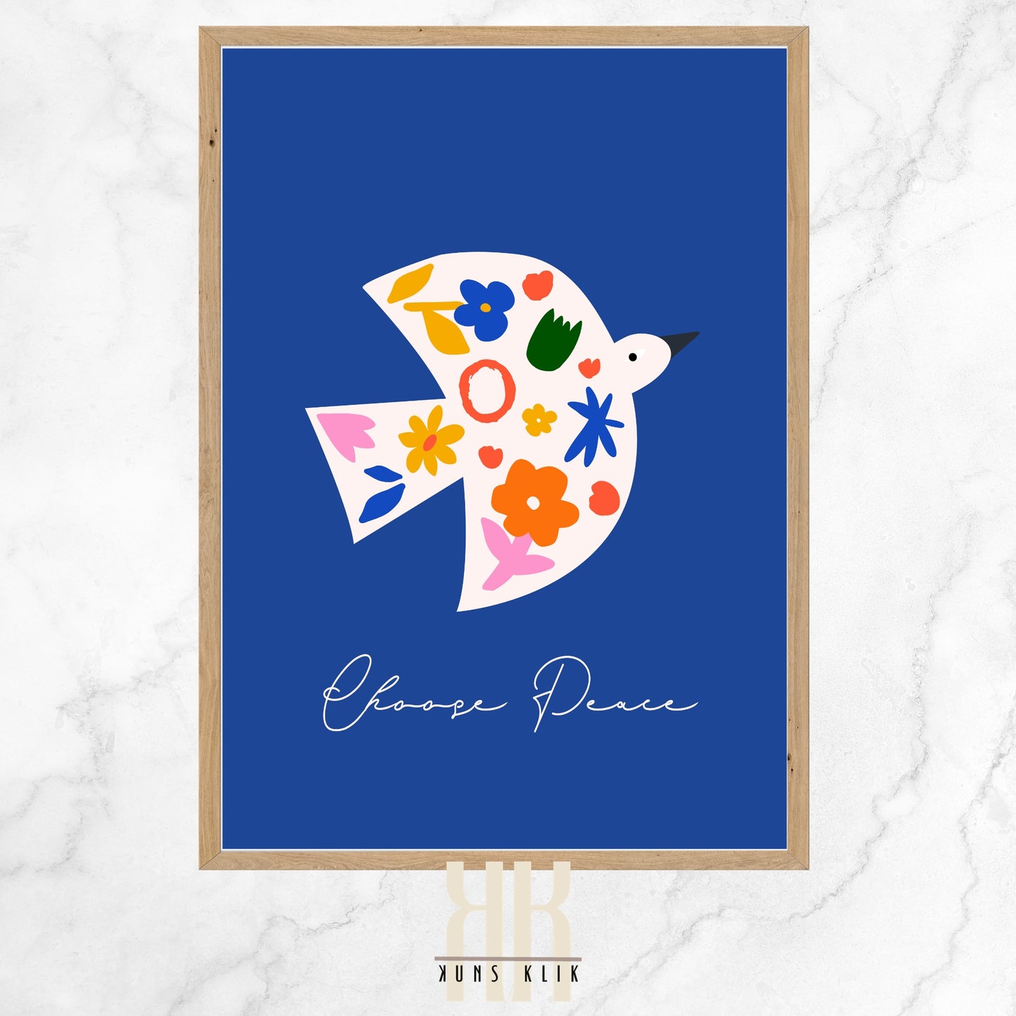 The image features a stylized white dove in profile against a deep blue background, filled with a colorful array of simple floral and leaf shapes in shades of pink, yellow, red, orange, and blue. The dove is a symbol of peace, and this message is reinforced by the phrase "Choose Peace" in elegant cursive script below the graphic. The artwork has a contemporary feel with its flat colors and minimalist design, evoking a sense of calm and positivity.