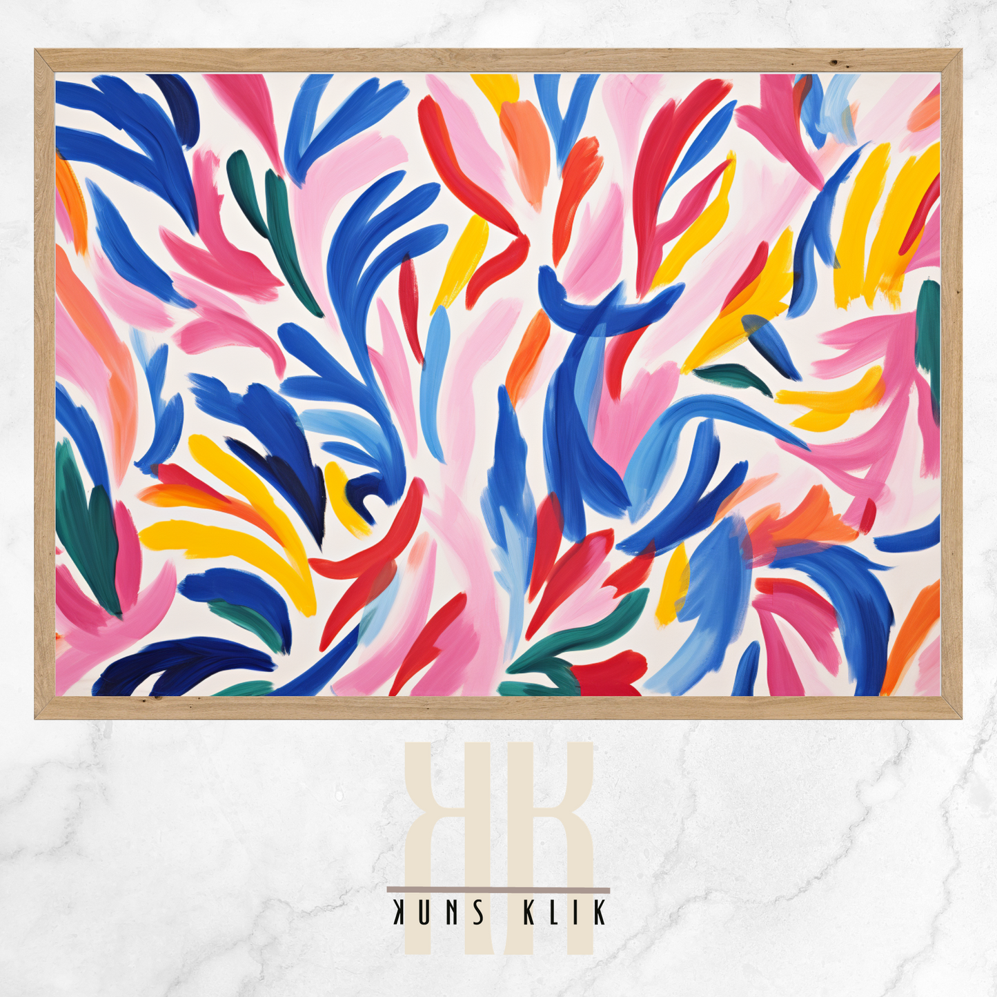 The artwork is a Matisse-style painting featuring a loose, abstract pattern of leaf shapes in a variety of pastel and vibrant hues against a white background. The brushstrokes are visible, giving a textured and dynamic feel to the composition. The color palette includes shades of blue, pink, orange, and yellow, creating a cheerful and lively atmosphere. The overall effect is reminiscent of a breezy, spring day.