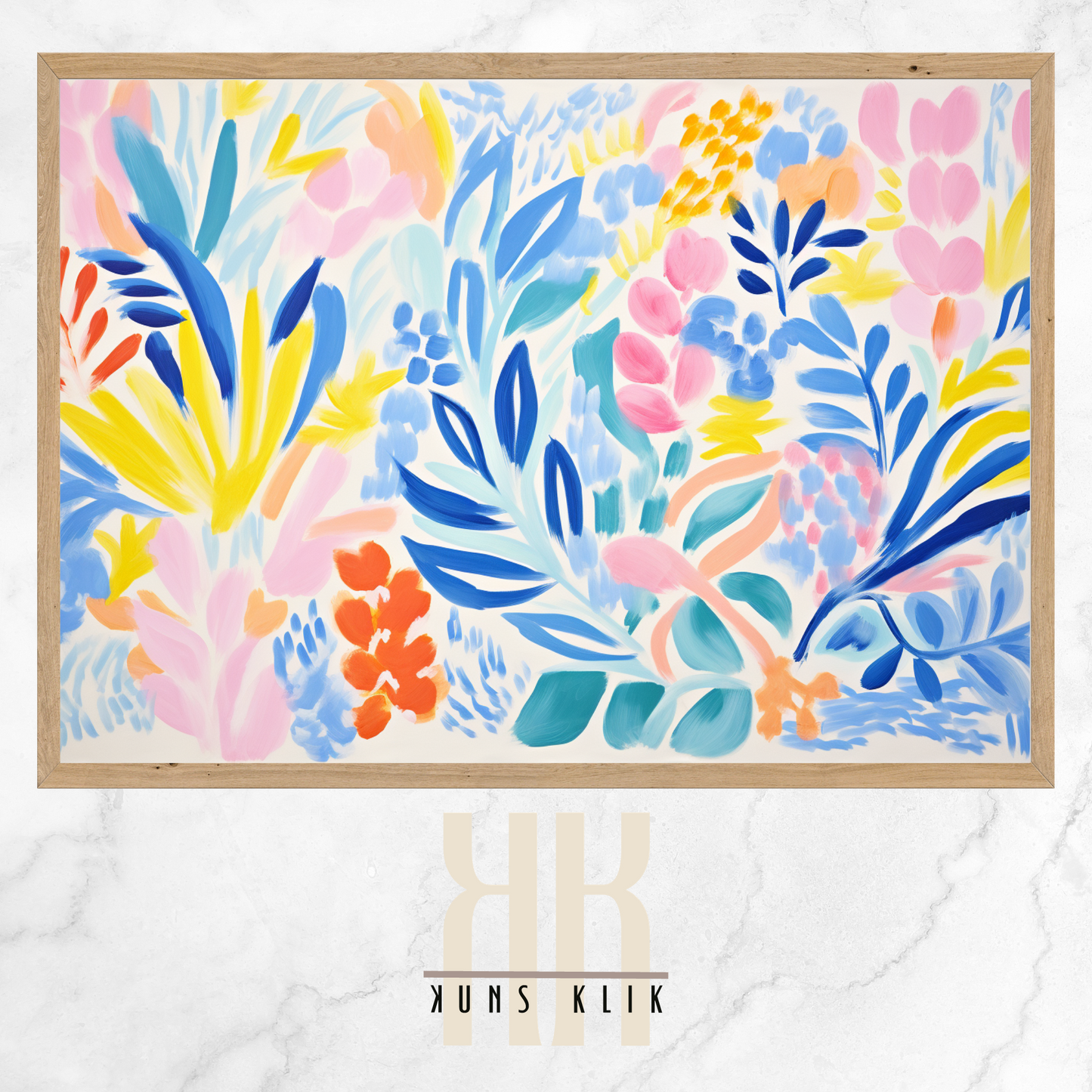The artwork is a Matisse-style painting featuring a loose, abstract pattern of leaf shapes in a variety of pastel and vibrant hues against a white background. The brushstrokes are visible, giving a textured and dynamic feel to the composition. The color palette includes shades of blue, pink, orange, and yellow, creating a cheerful and lively atmosphere. The overall effect is reminiscent of a breezy, spring day.
