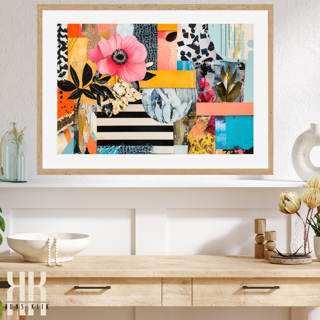 Floral Maximalist Wall Art – Mixed Media Print with Bright Colours
