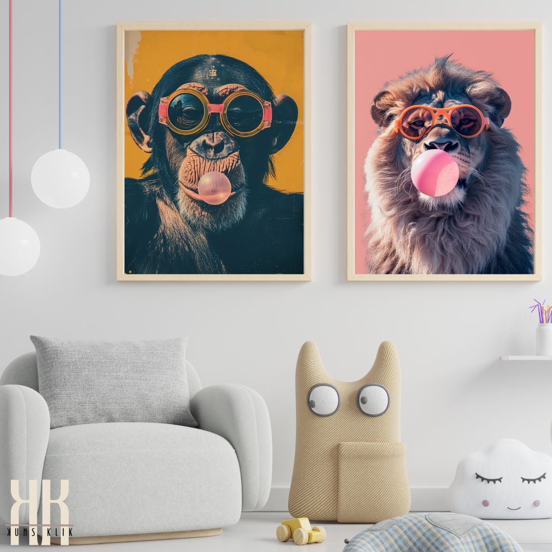 Lion Blowing Bubble Pink Background Wall Art