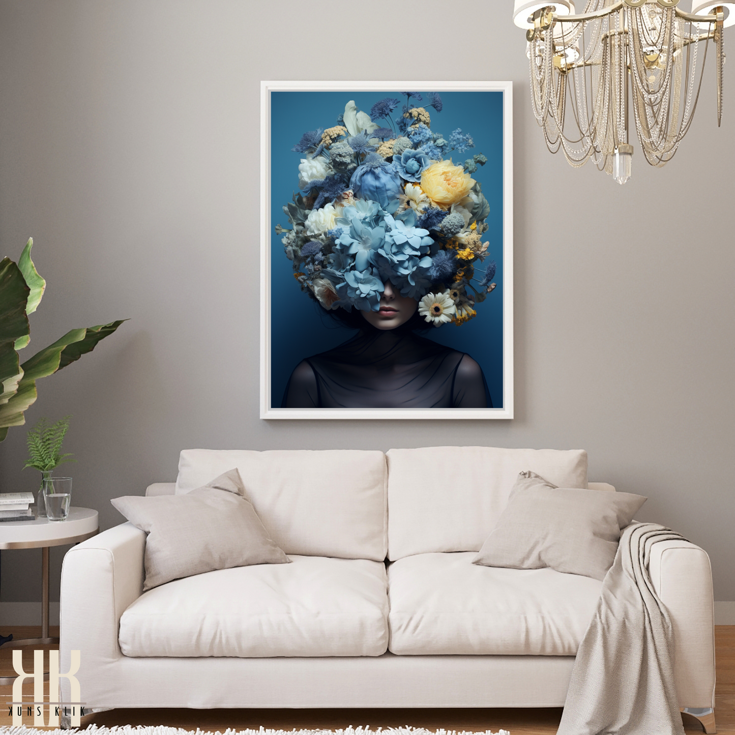 Woman Flower Bouquet Head Feminine Wall Art - Blue 6