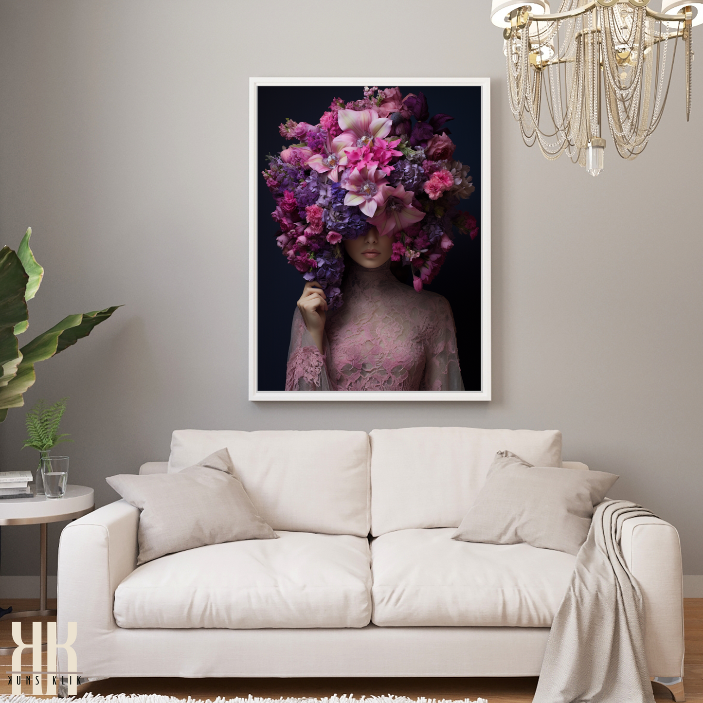 Woman Flower Bouquet Head Feminine Wall Art - Purple 9