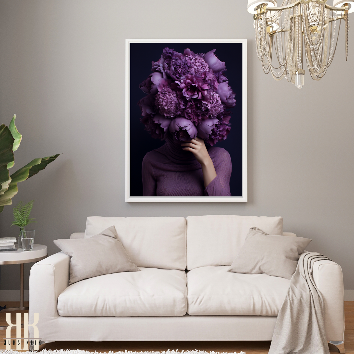 Woman Flower Bouquet Head Feminine Wall Art - Purple 3