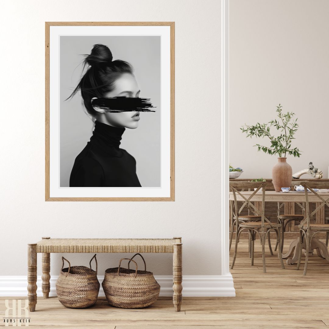 Edgy Black and White Portrait Print with Abstract Brush Strokes