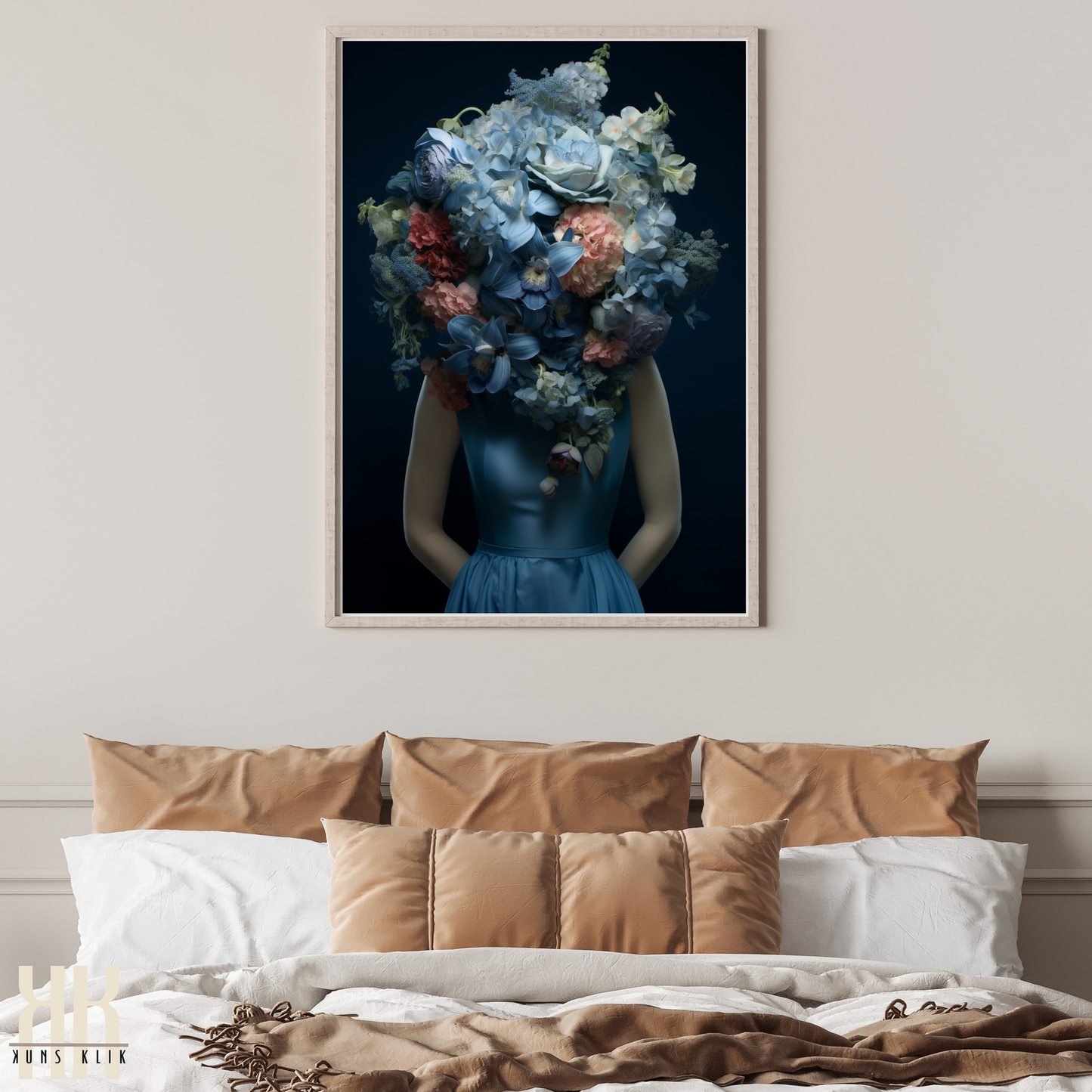 Woman Flower Bouquet Head Feminine Wall Art - Blue 3