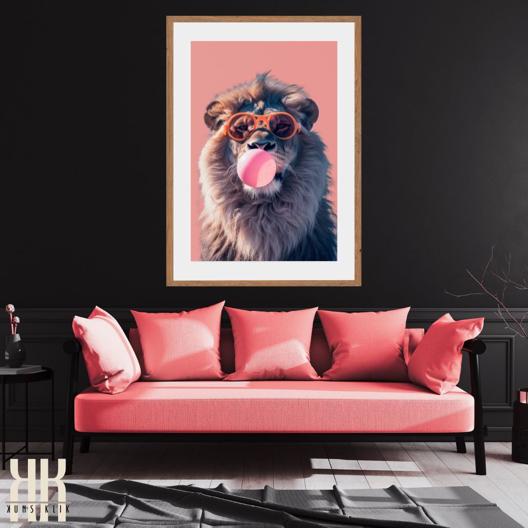 Lion Blowing Bubble Pink Background Wall Art