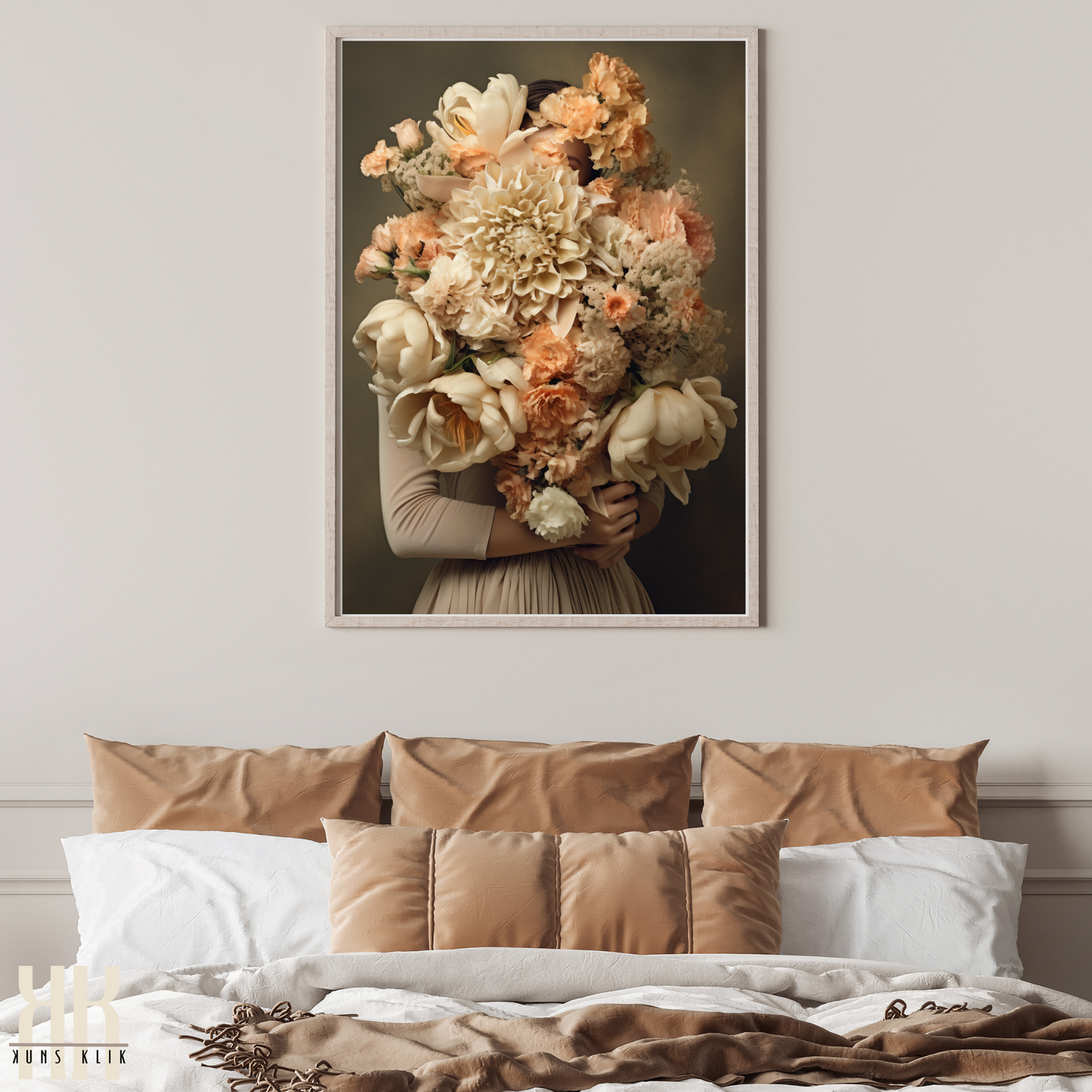 Woman Flower Bouquet Head Feminine Wall Art - Beige 8