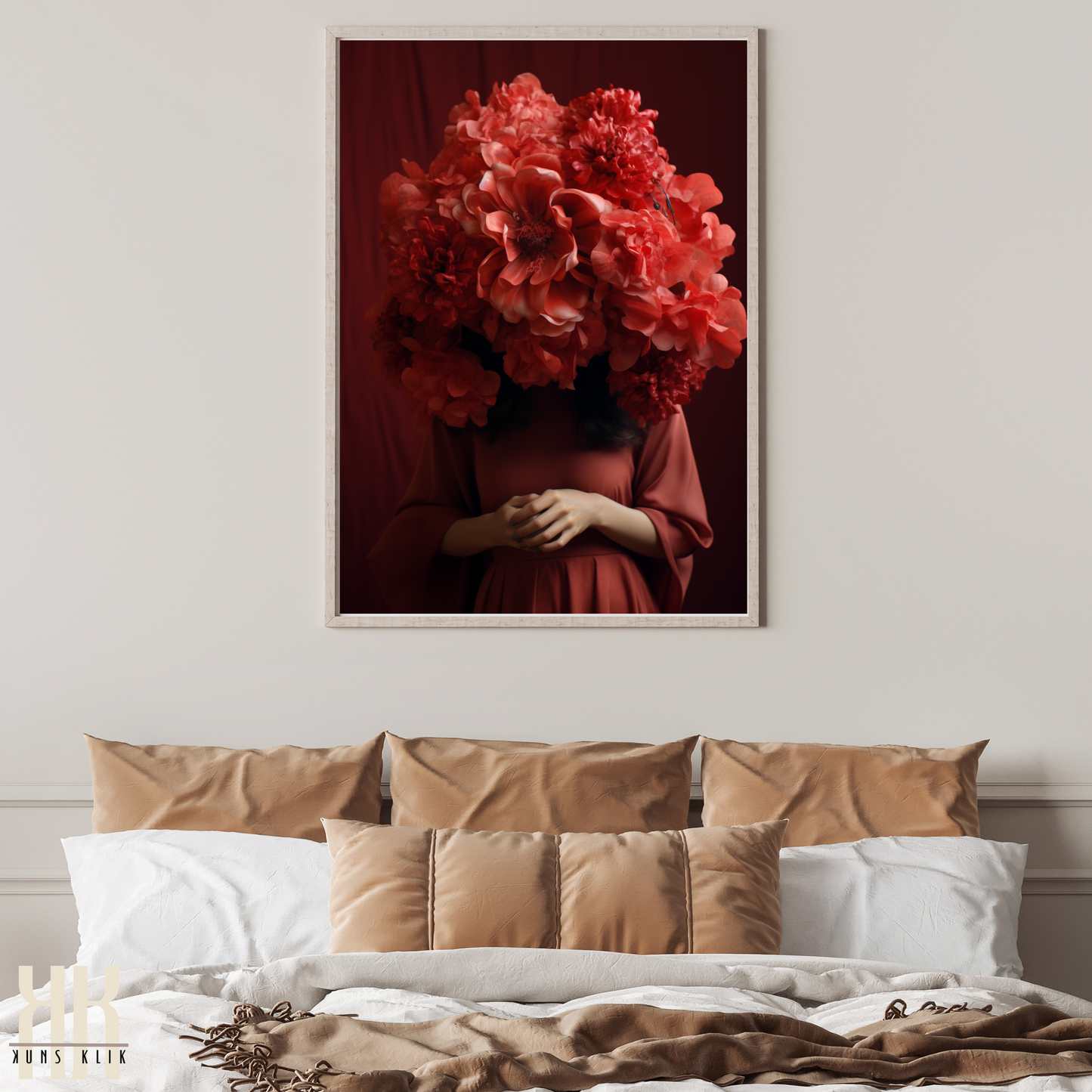 Woman Flower Bouquet Head Feminine Wall Art - Red 4