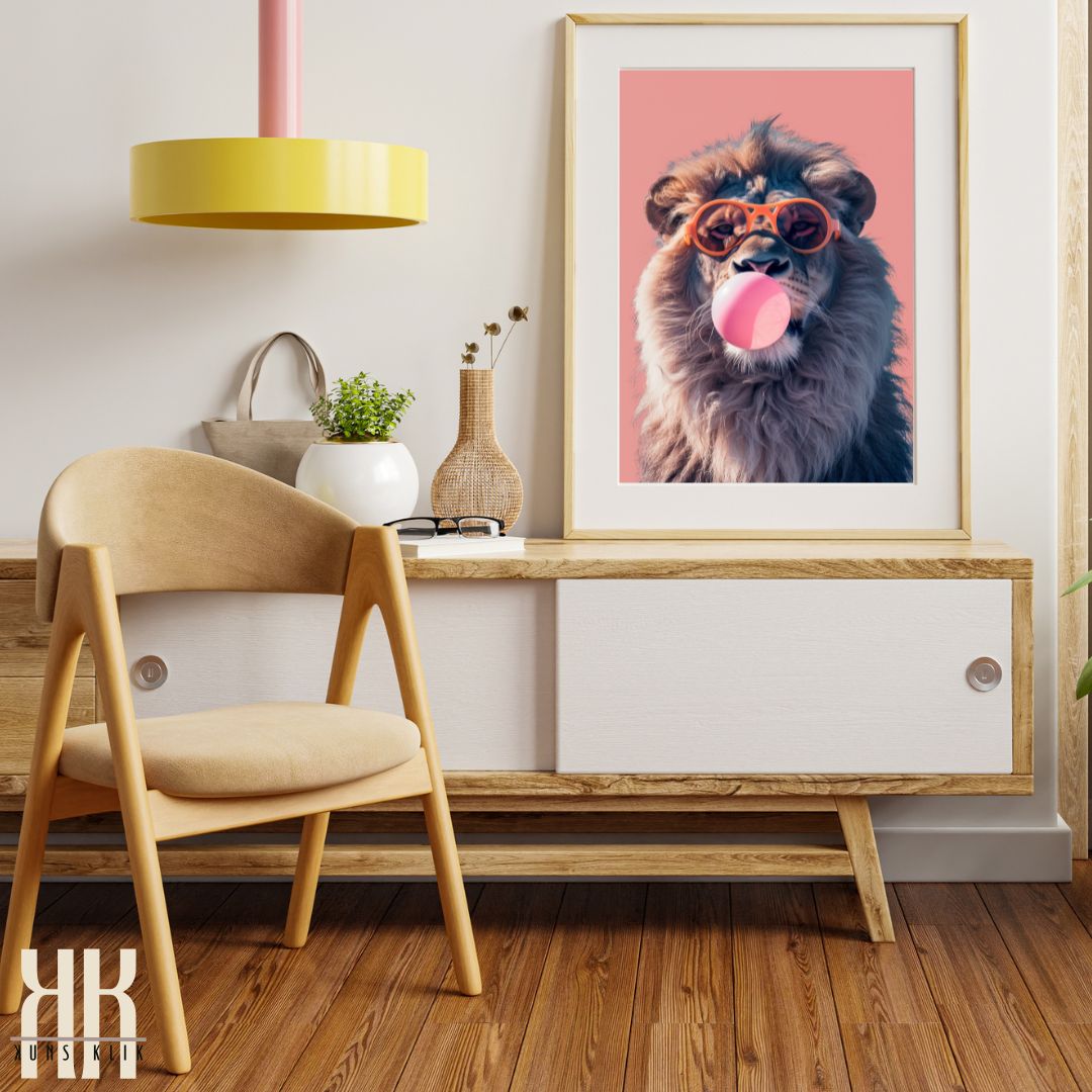 Lion Blowing Bubble Pink Background Wall Art