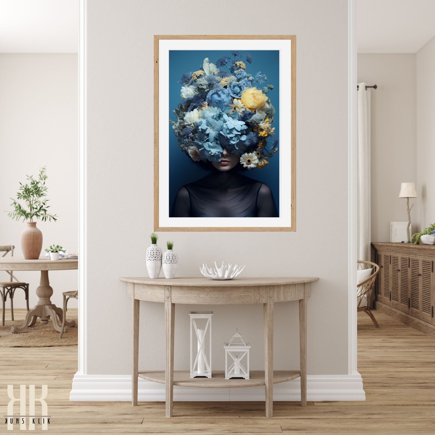 Woman Flower Bouquet Head Feminine Wall Art - Blue 6
