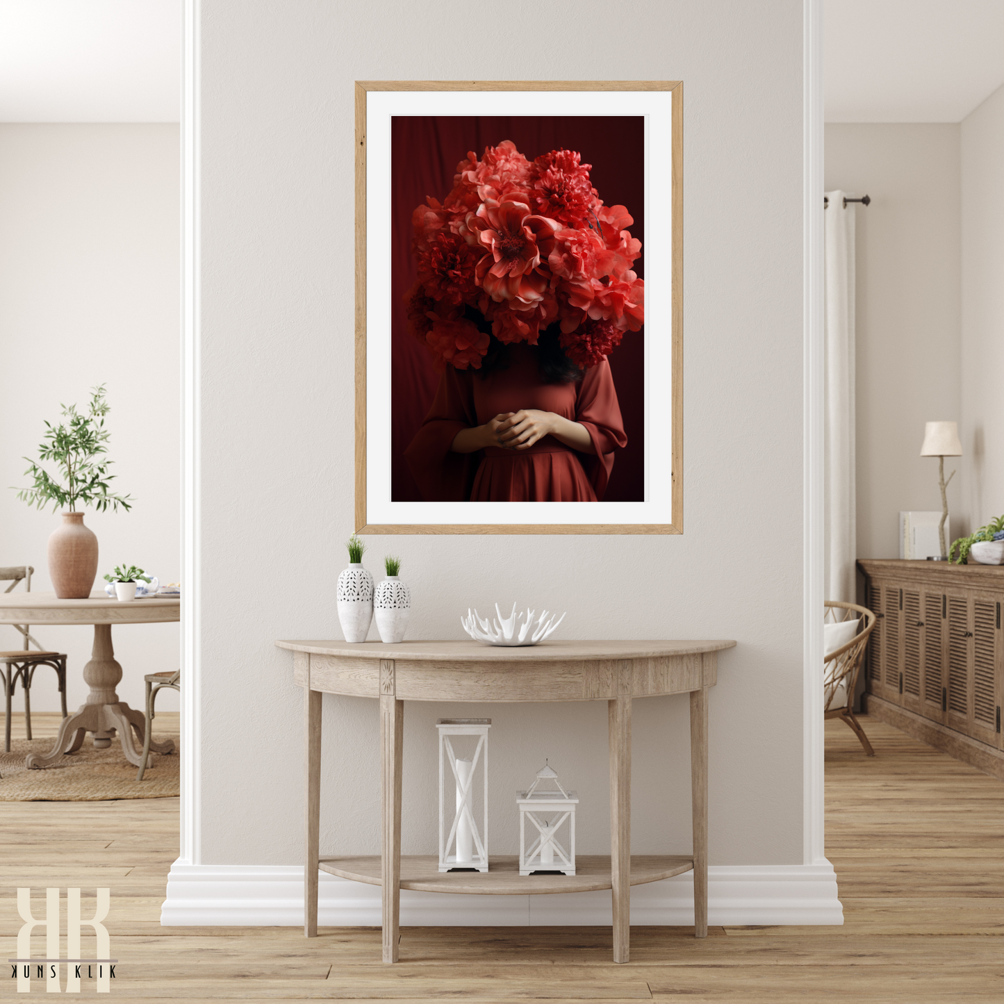 Woman Flower Bouquet Head Feminine Wall Art - Red 4