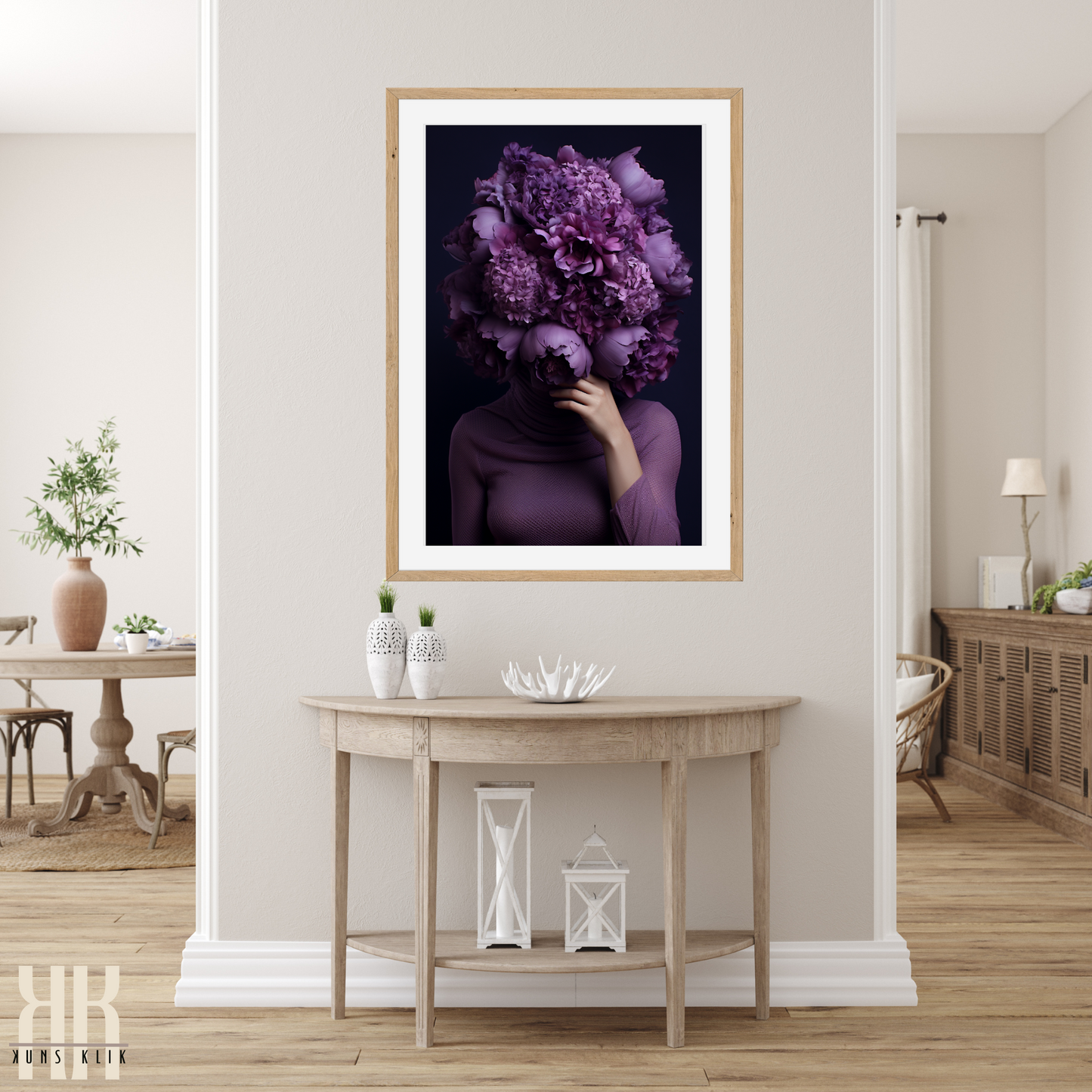 Woman Flower Bouquet Head Feminine Wall Art - Purple 3