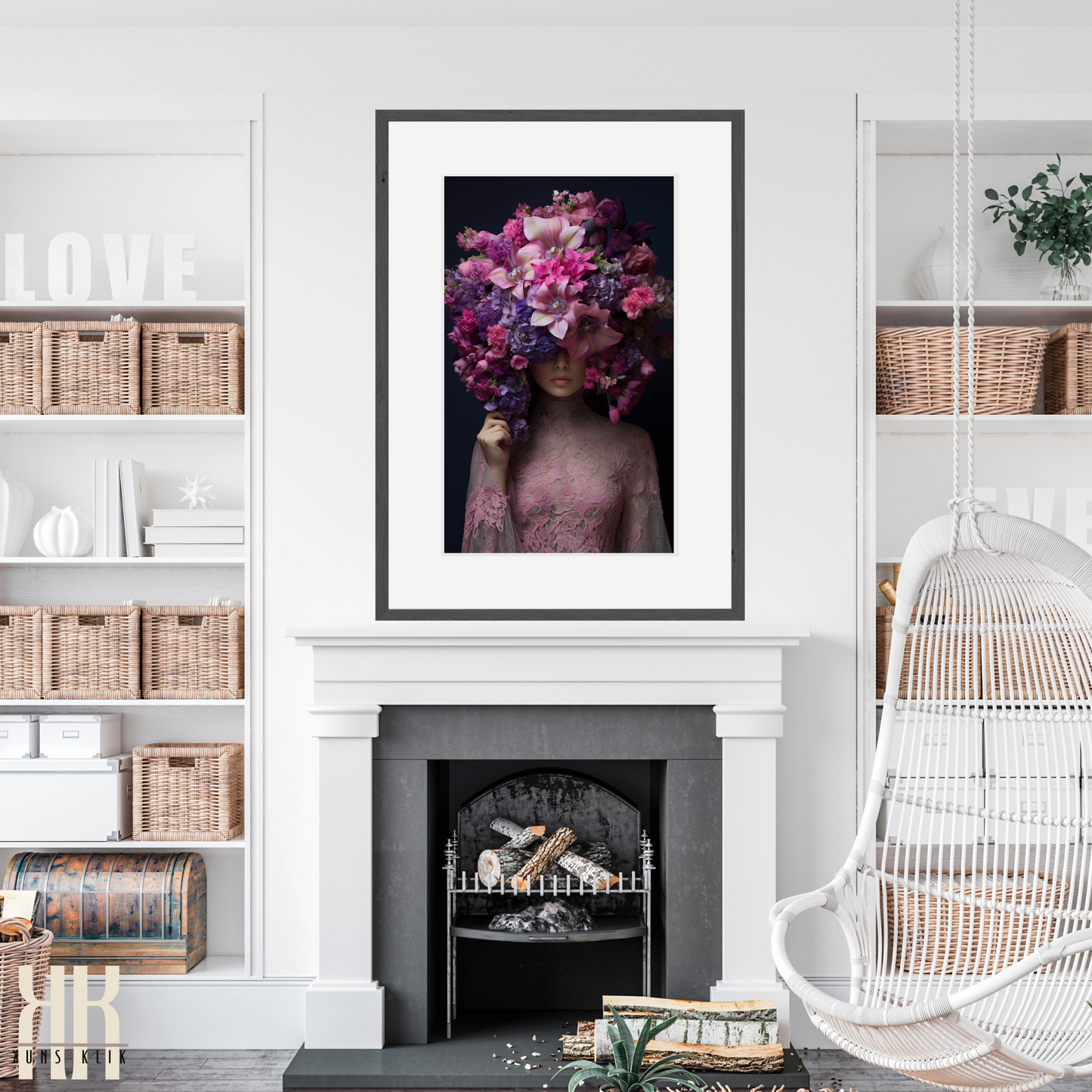 Woman Flower Bouquet Head Feminine Wall Art - Purple 9